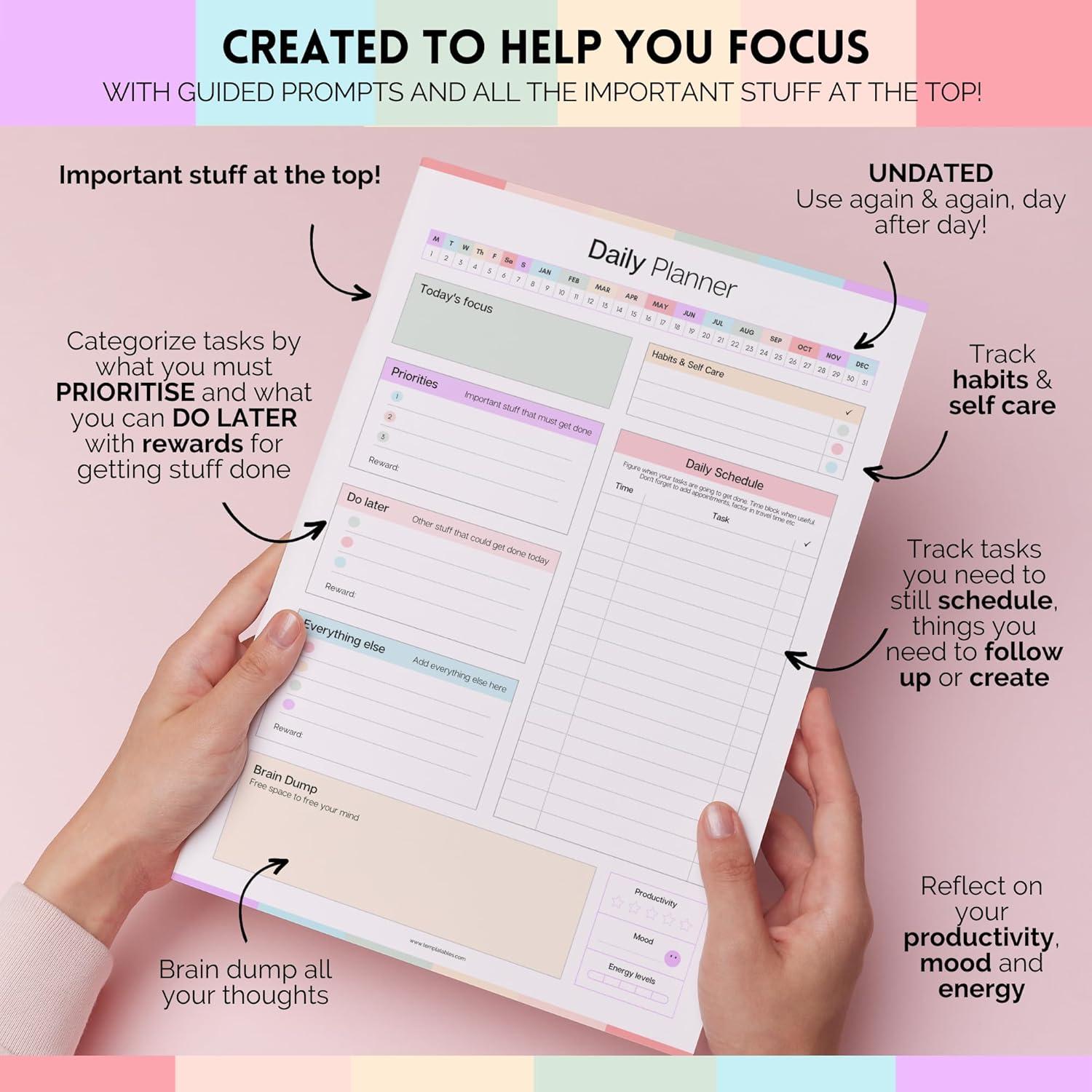 Planificador Diario A4 Templatables para Adultos con ADHD - 50 Hojas