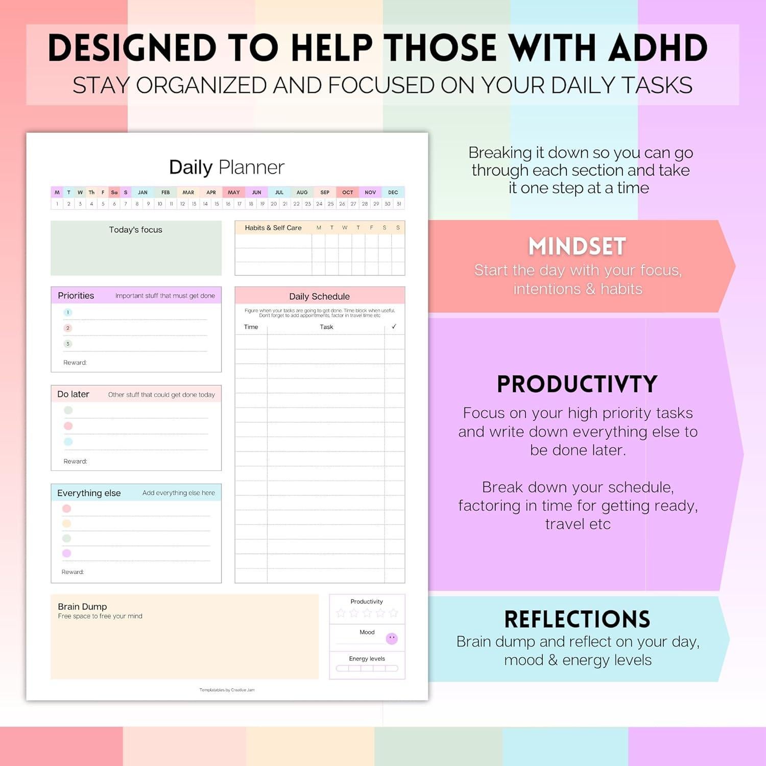 Planificador Diario A4 Templatables para Adultos con ADHD - 50 Hojas