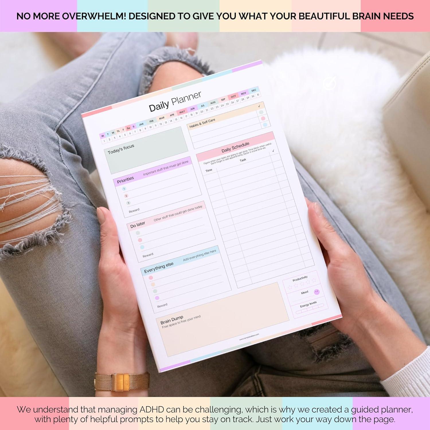 Planificador Diario A4 Templatables para Adultos con ADHD - 50 Hojas