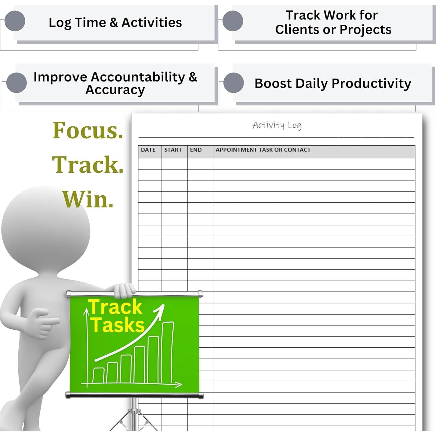 Activity Log Notepad – Daily Tracker Planning Pad for Office Productivity, Task Tracking & Time Management Planner – Work Communication Logbook Timesheet, Get Organized – 8.5 x 11 Legal Pad, 60 Page