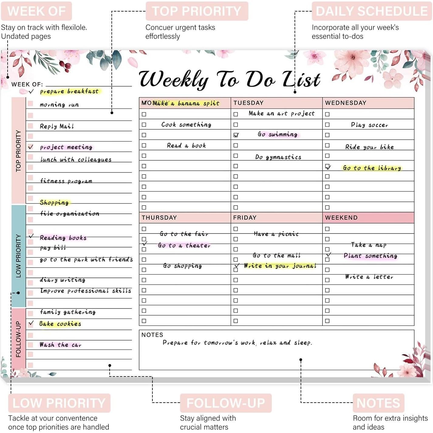 Planificador Semanal Despegable TREES 52 Hojas Rosa 21.6x27.9cm