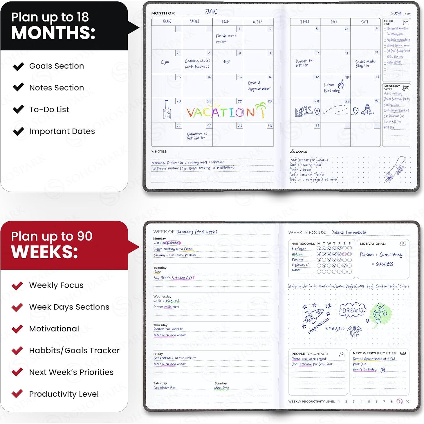 Planificador Semanal y Mensual SohoSpark 18 Meses Negro