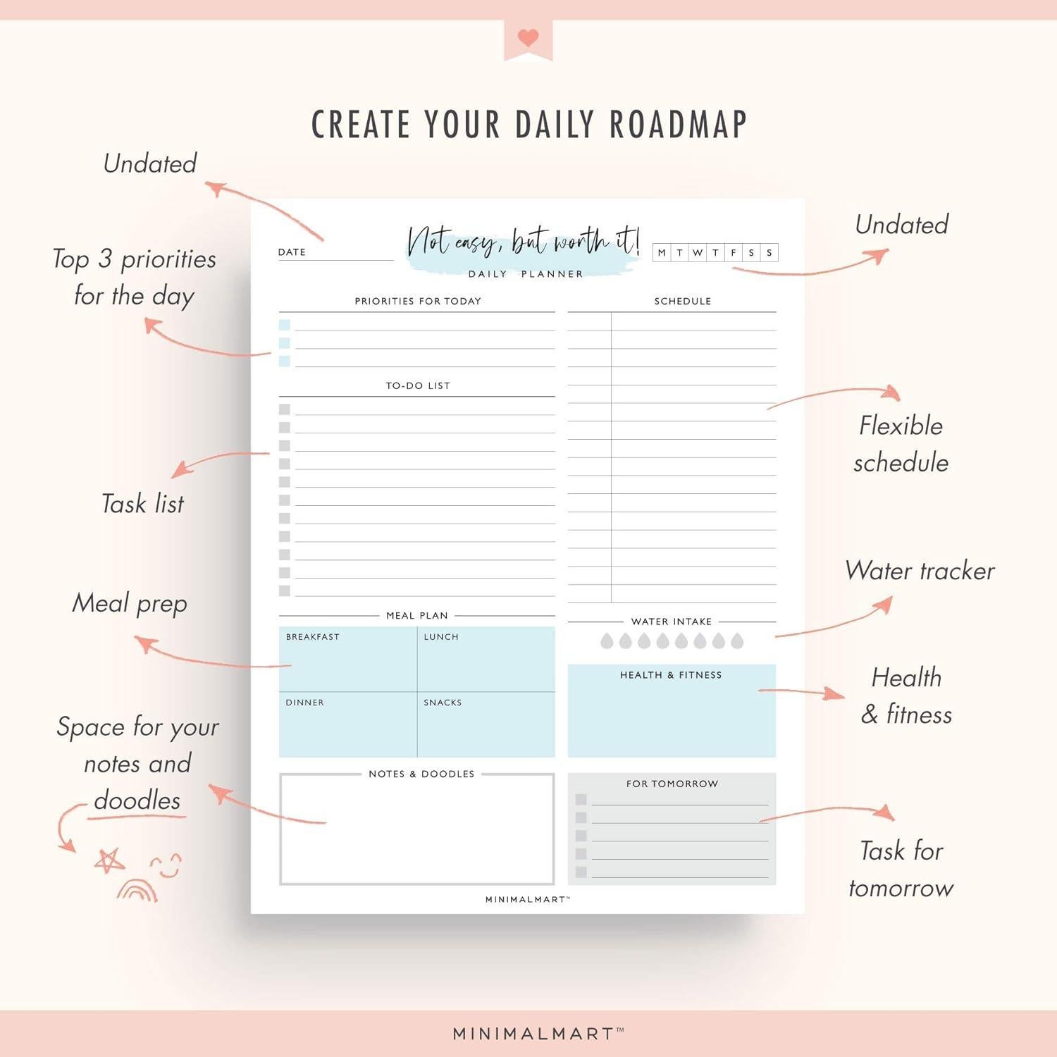 Planificador Diario Sin Fecha Minimalmart 50 Hojas 21.6x28 cm