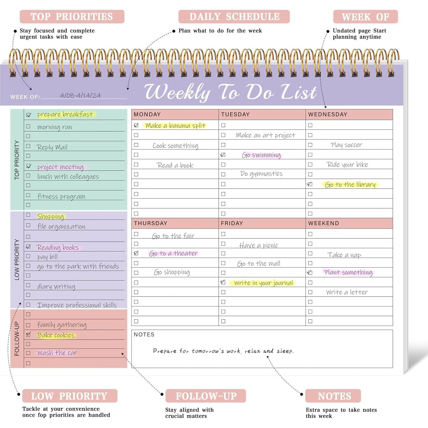 Notepad de Lista de Tareas Semanal Kamoy 52 Hojas Carta