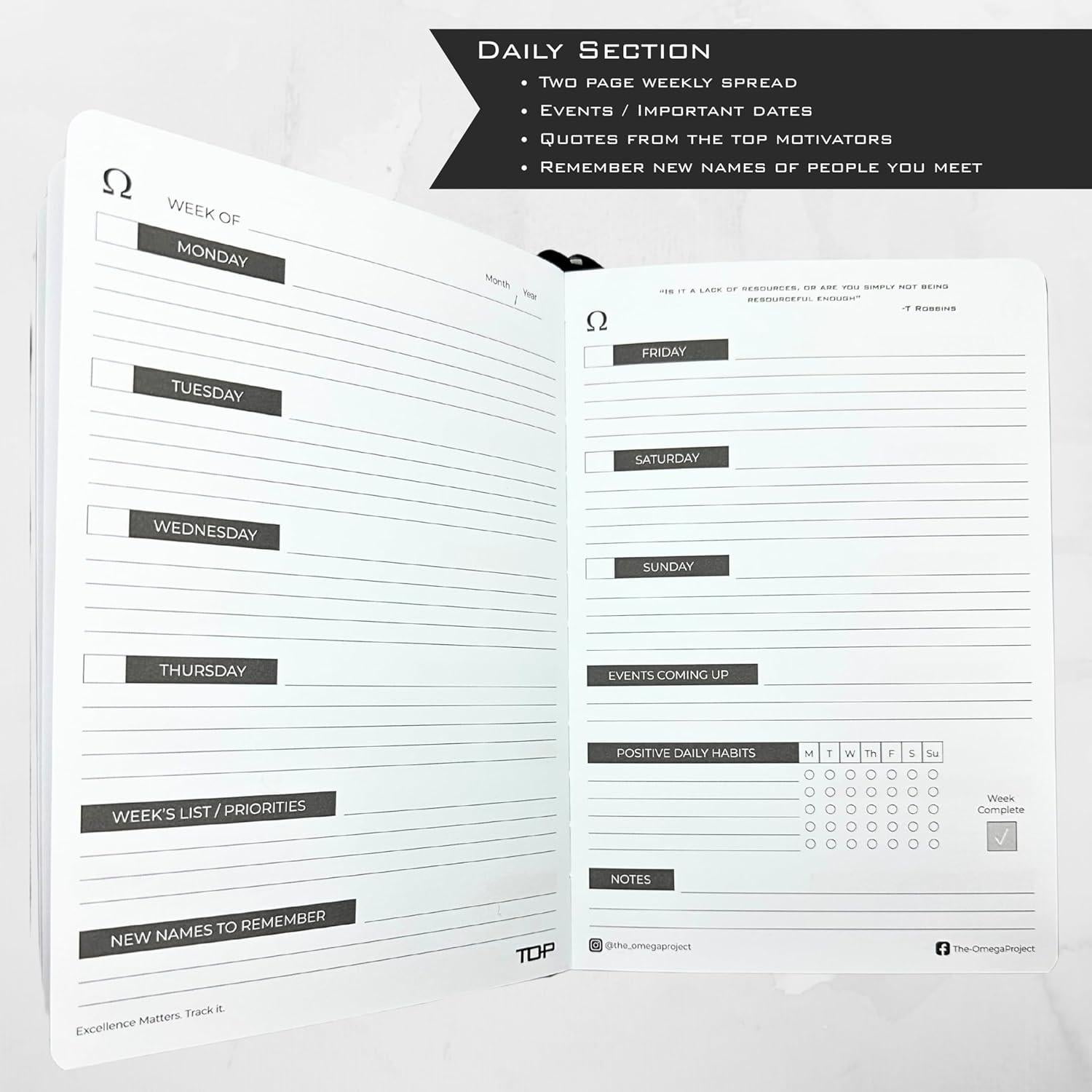 Planificador Diario Elite THE-OMEGAPROJECT 2025 - Cuero Sintético