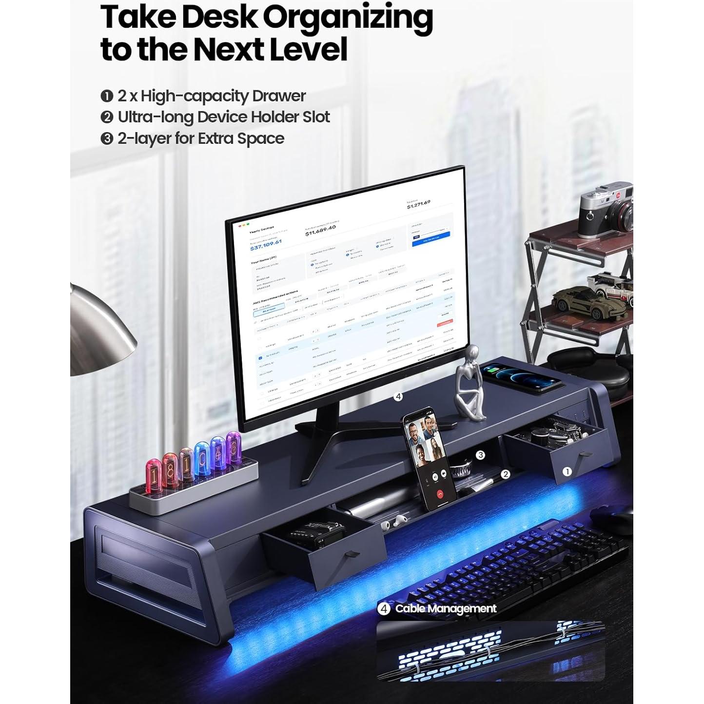 Soporte Elevador Doble Monitor Vaydeer con 8 Puertos USB y Carga Inalámbrica