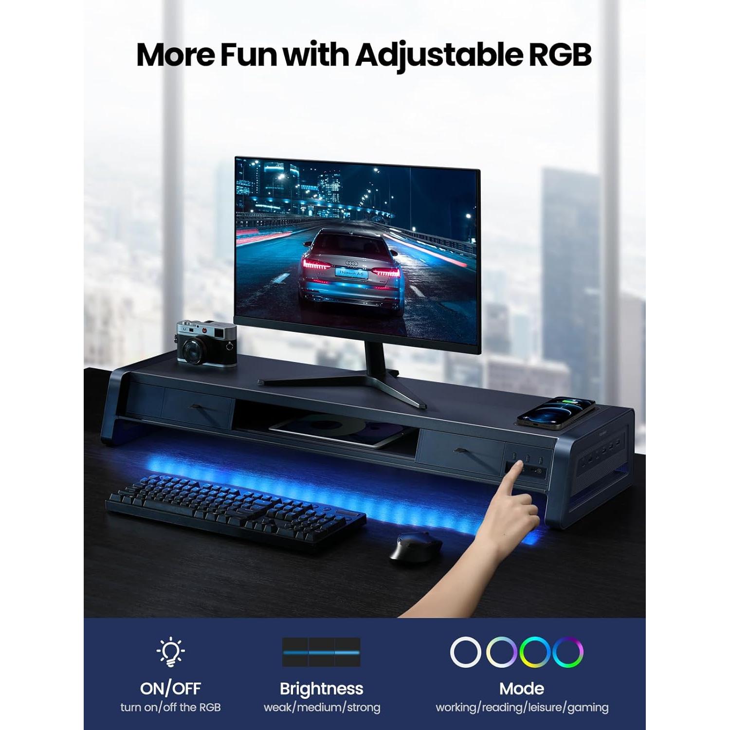 Soporte Elevador Doble Monitor Vaydeer con 8 Puertos USB y Carga Inalámbrica