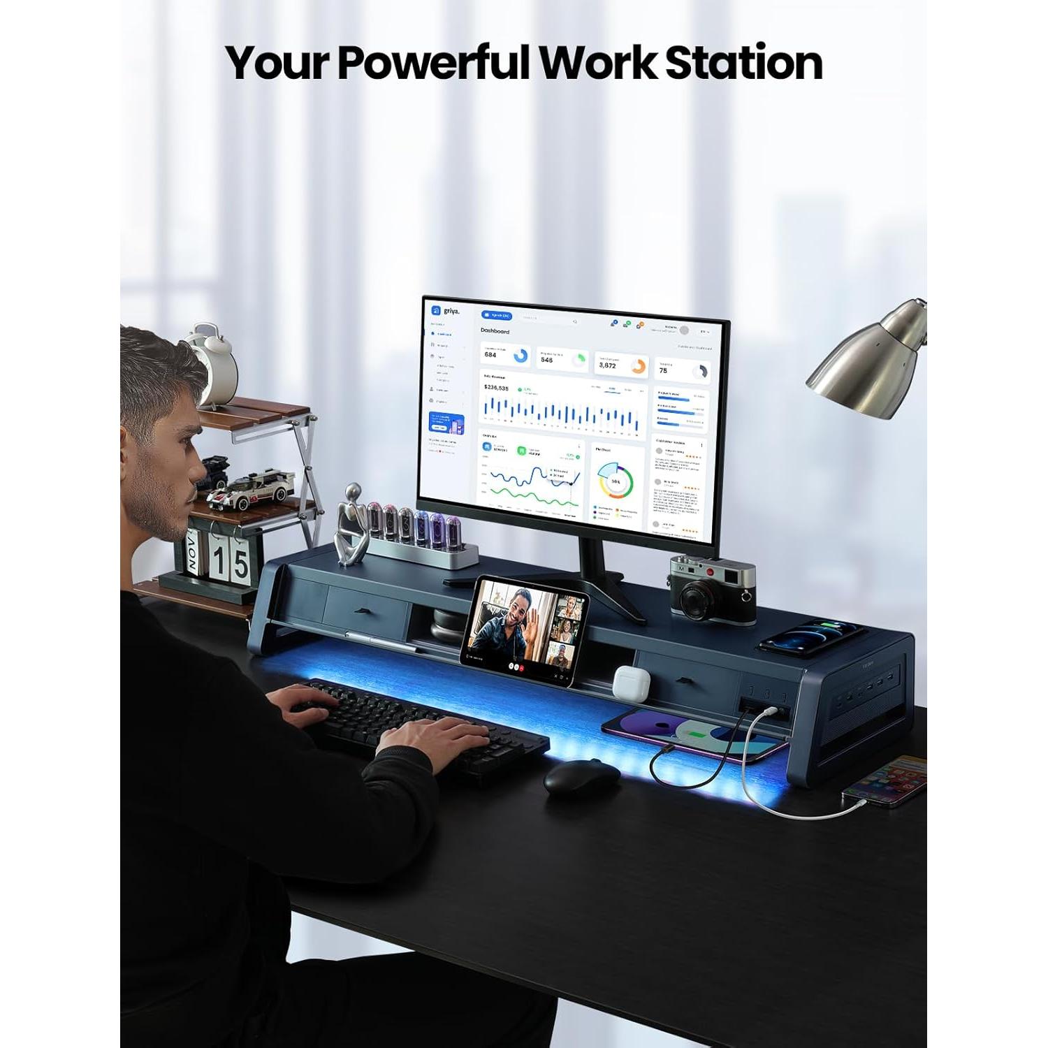 Soporte Elevador Doble Monitor Vaydeer con 8 Puertos USB y Carga Inalámbrica