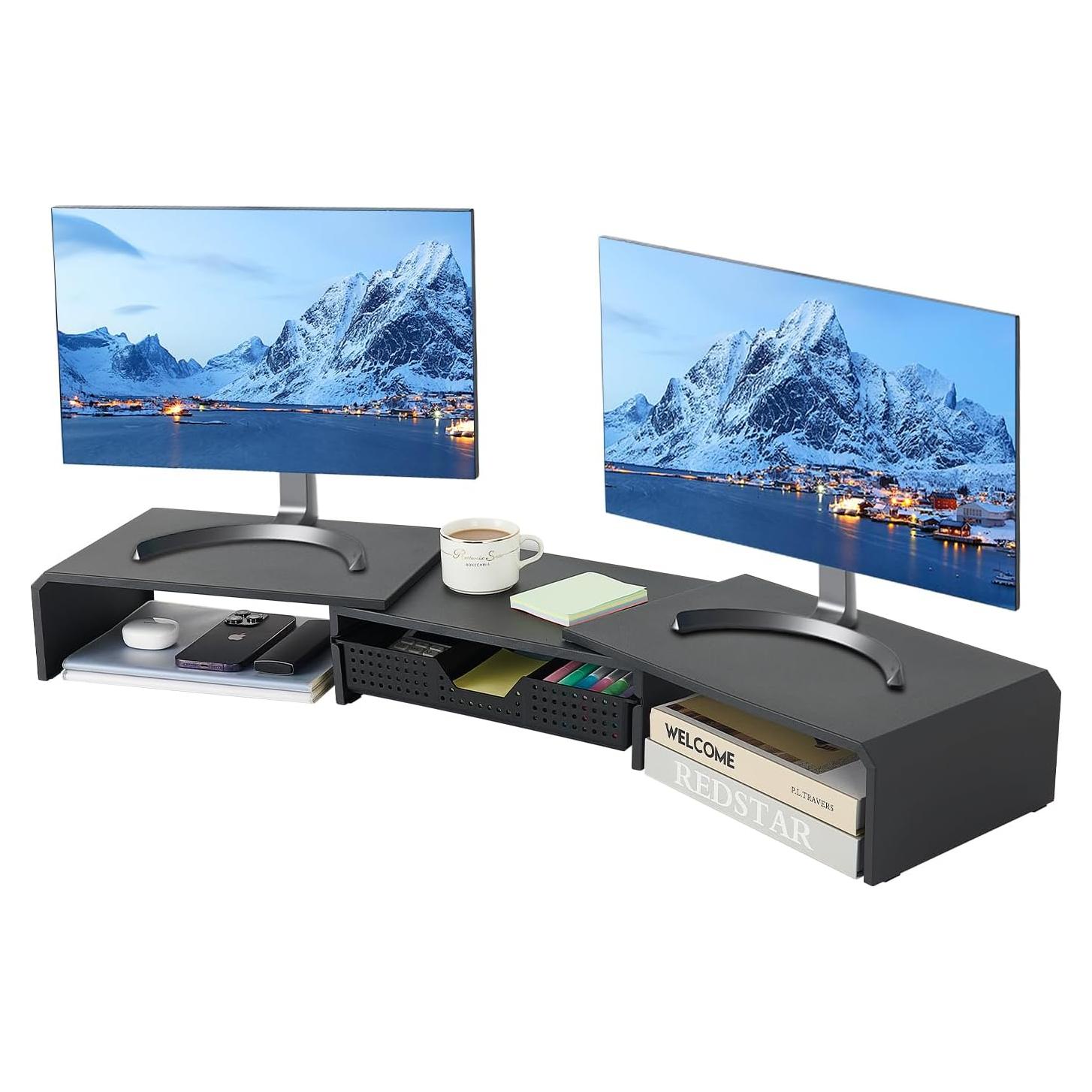 Soporte Doble Monitor LEKETREE con Cajón Organizador Negro