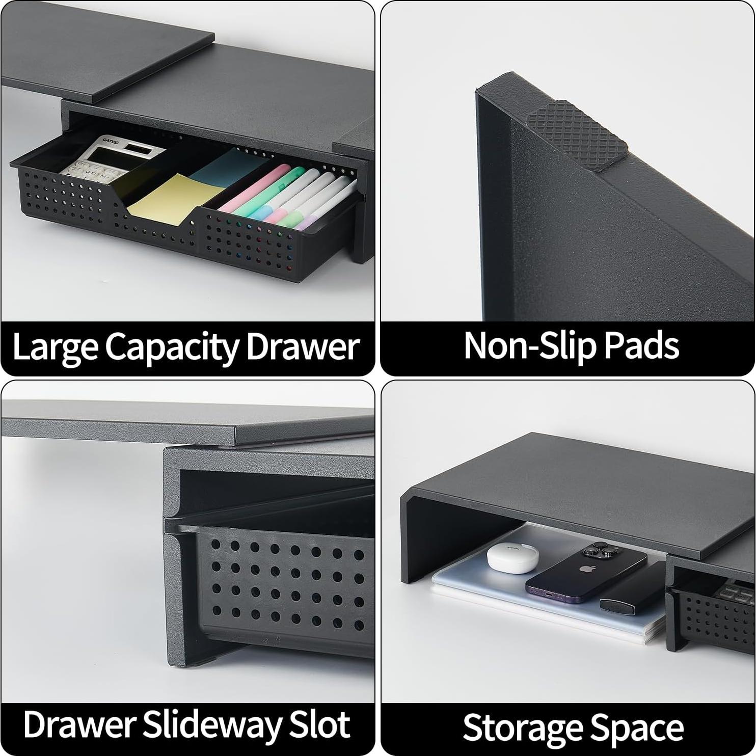 Soporte Doble Monitor LEKETREE con Cajón Organizador Negro