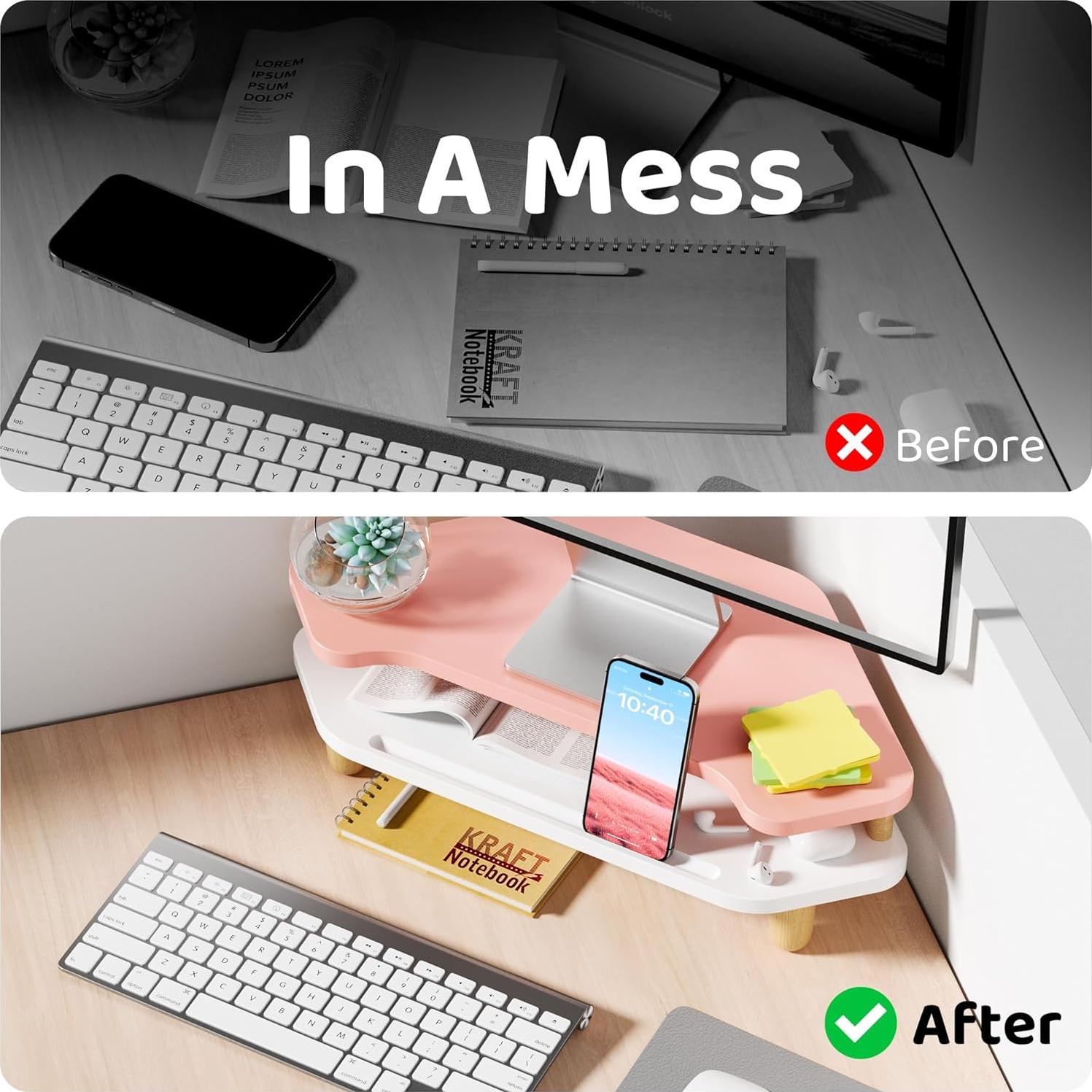 Soporte para Monitor AFOOYO de Madera Rosa 2 Niveles Ergonómico