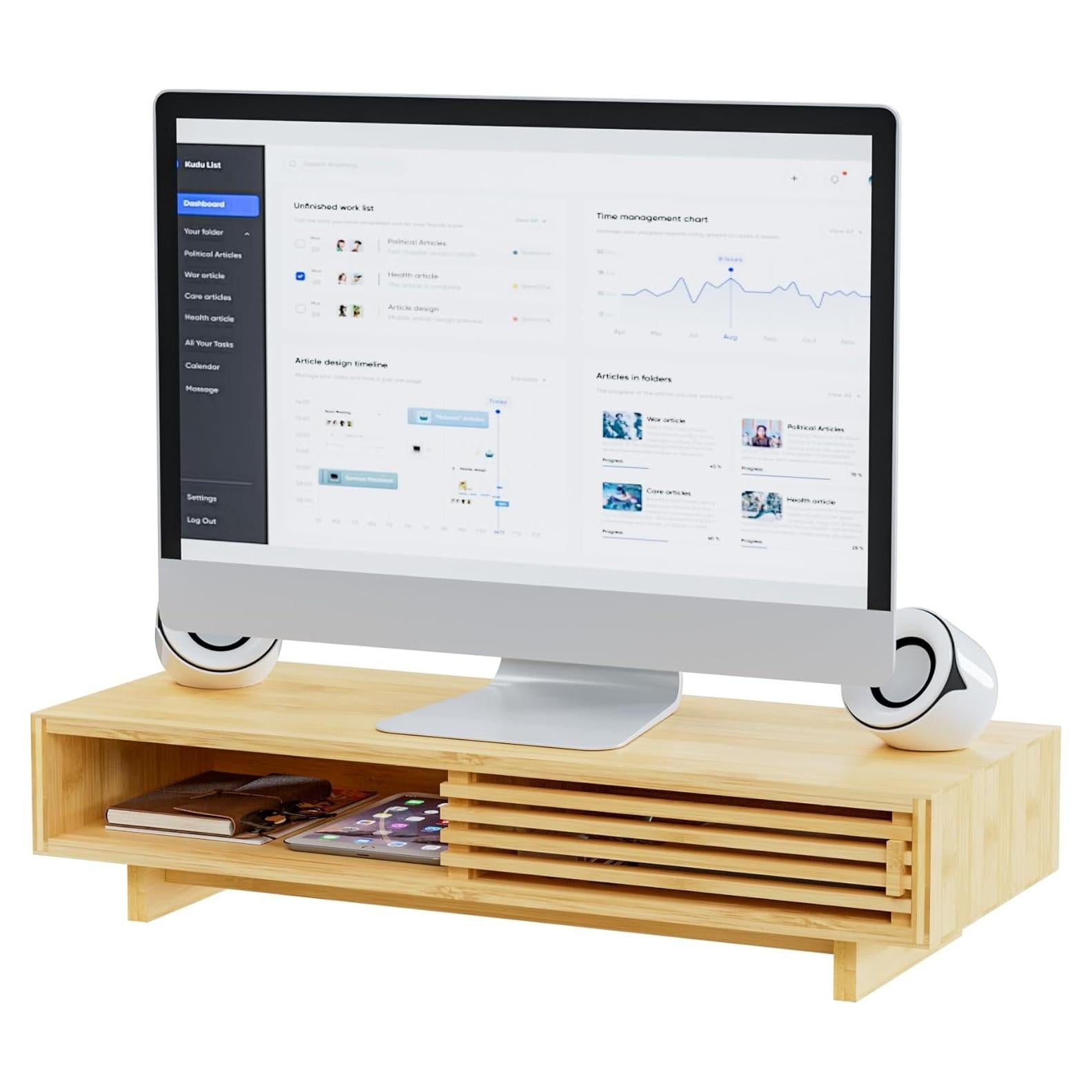 Soporte para Monitor de Bambú Zri con Cajón - Elevador Doble
