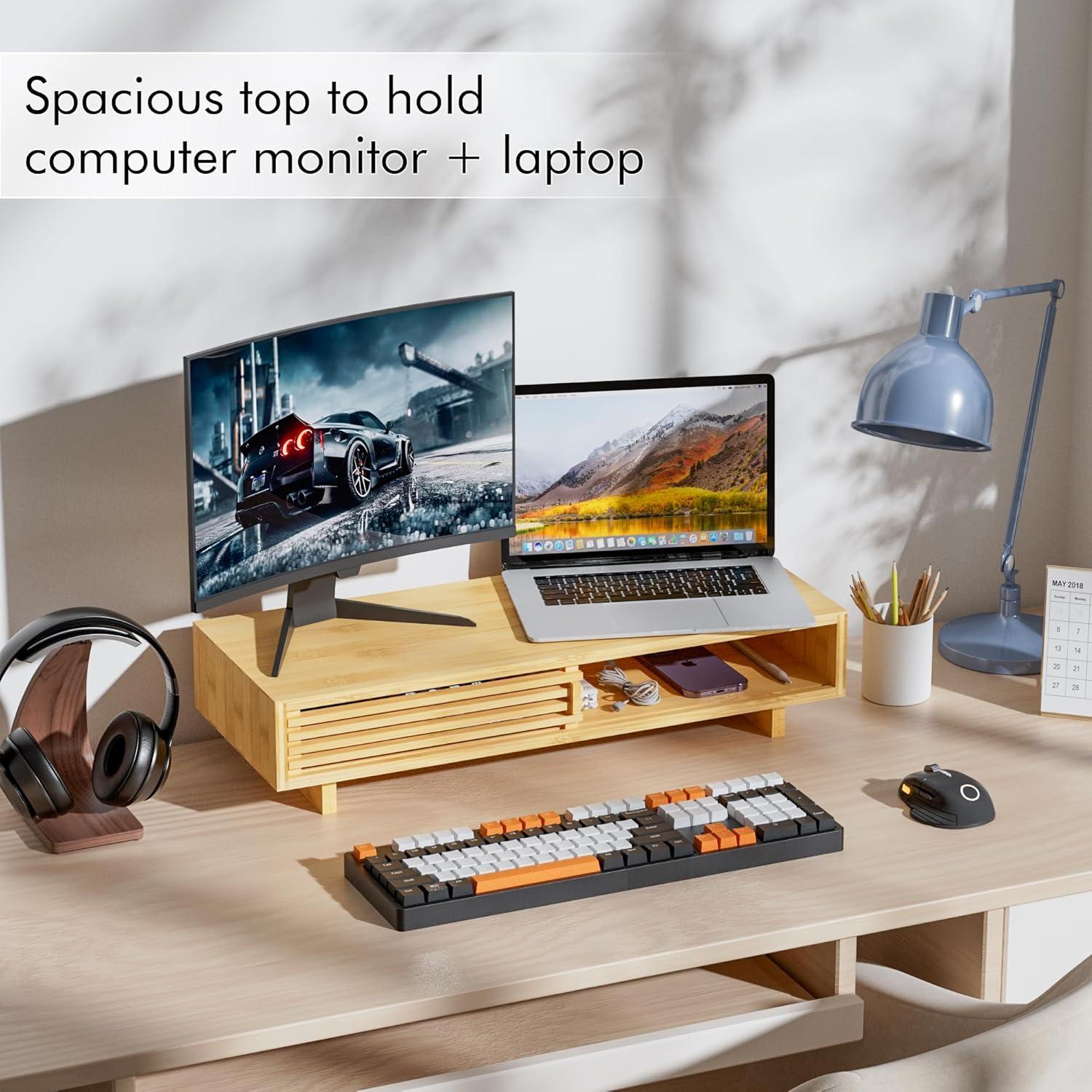 Soporte para Monitor de Bambú Zri con Cajón - Elevador Doble