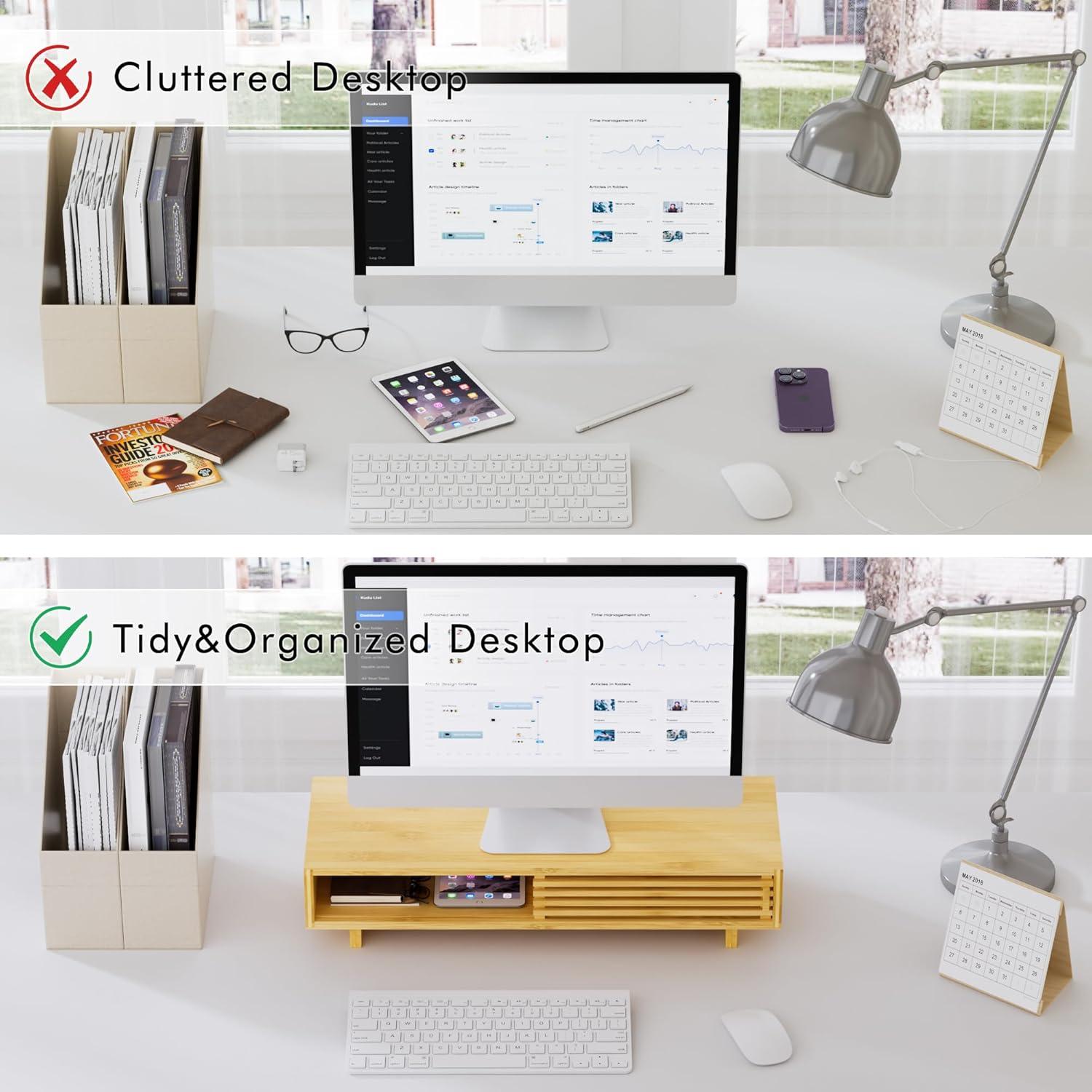 Soporte para Monitor de Bambú Zri con Cajón - Elevador Doble