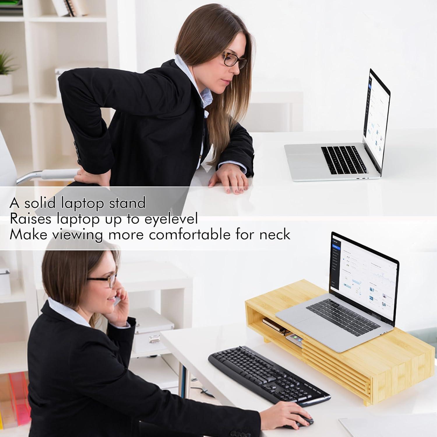 Soporte para Monitor de Bambú Zri con Cajón - Elevador Doble