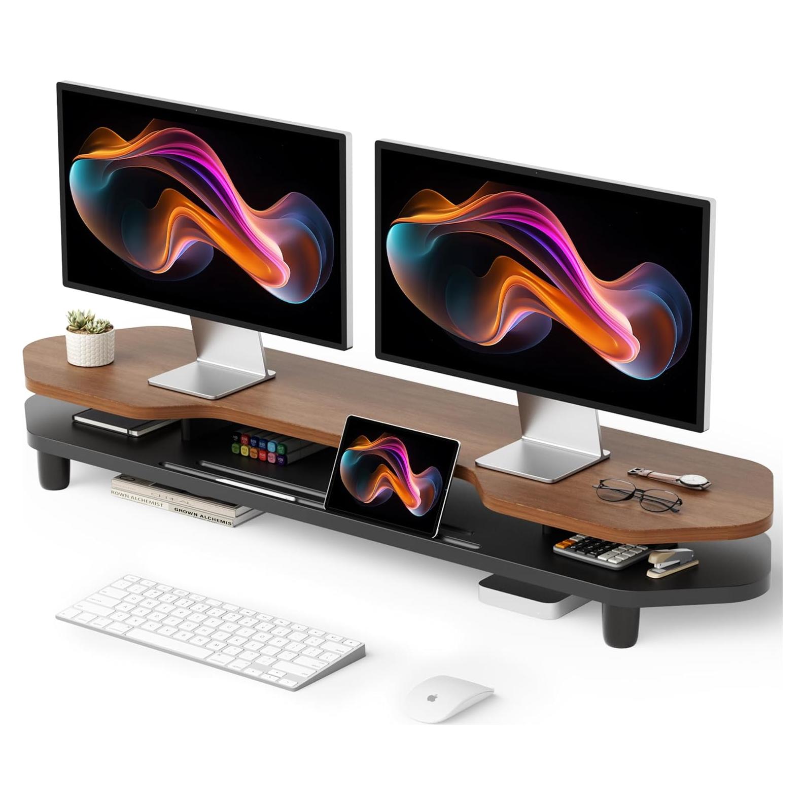 Soporte Elevador Doble para Monitor de Nogal 2 Niveles 260 mm