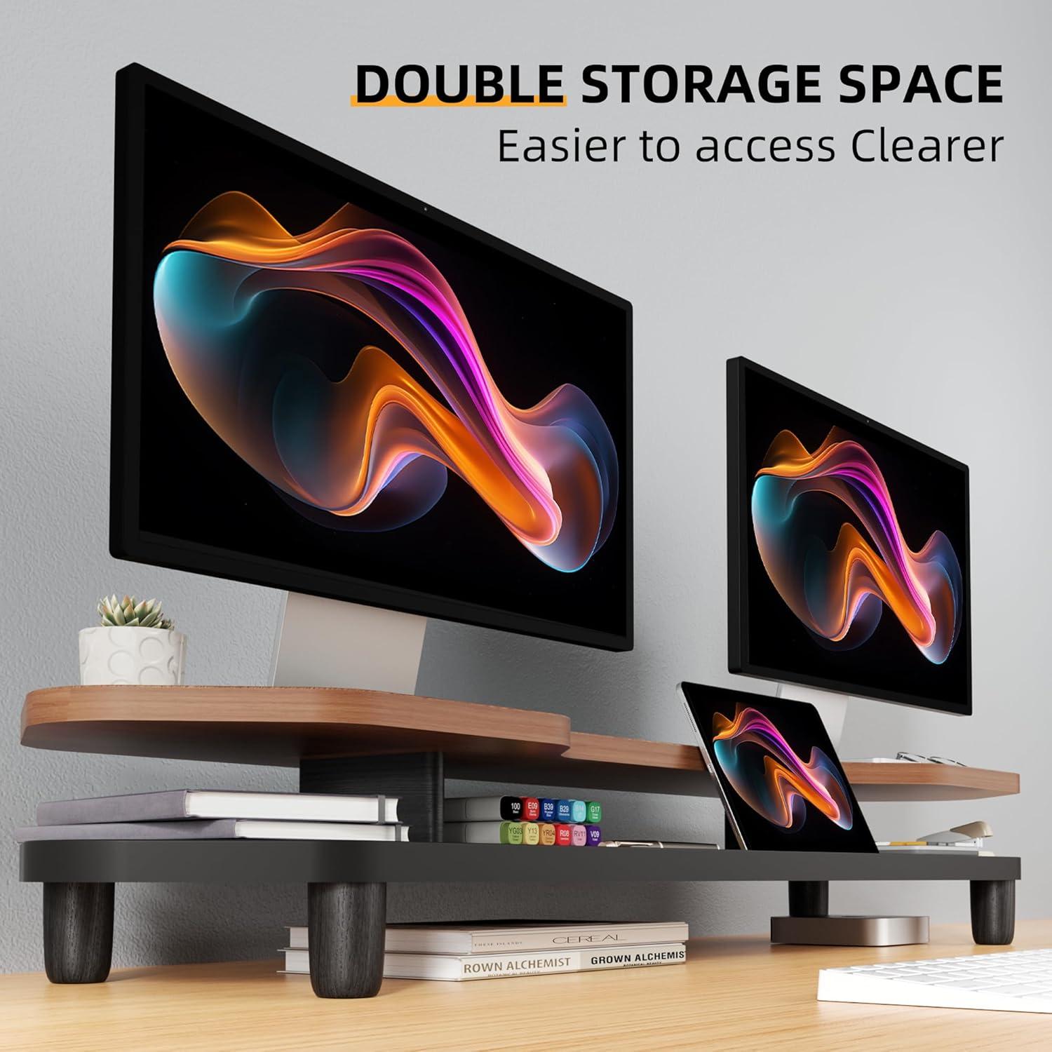 Soporte Elevador Doble para Monitor de Nogal 2 Niveles 260 mm