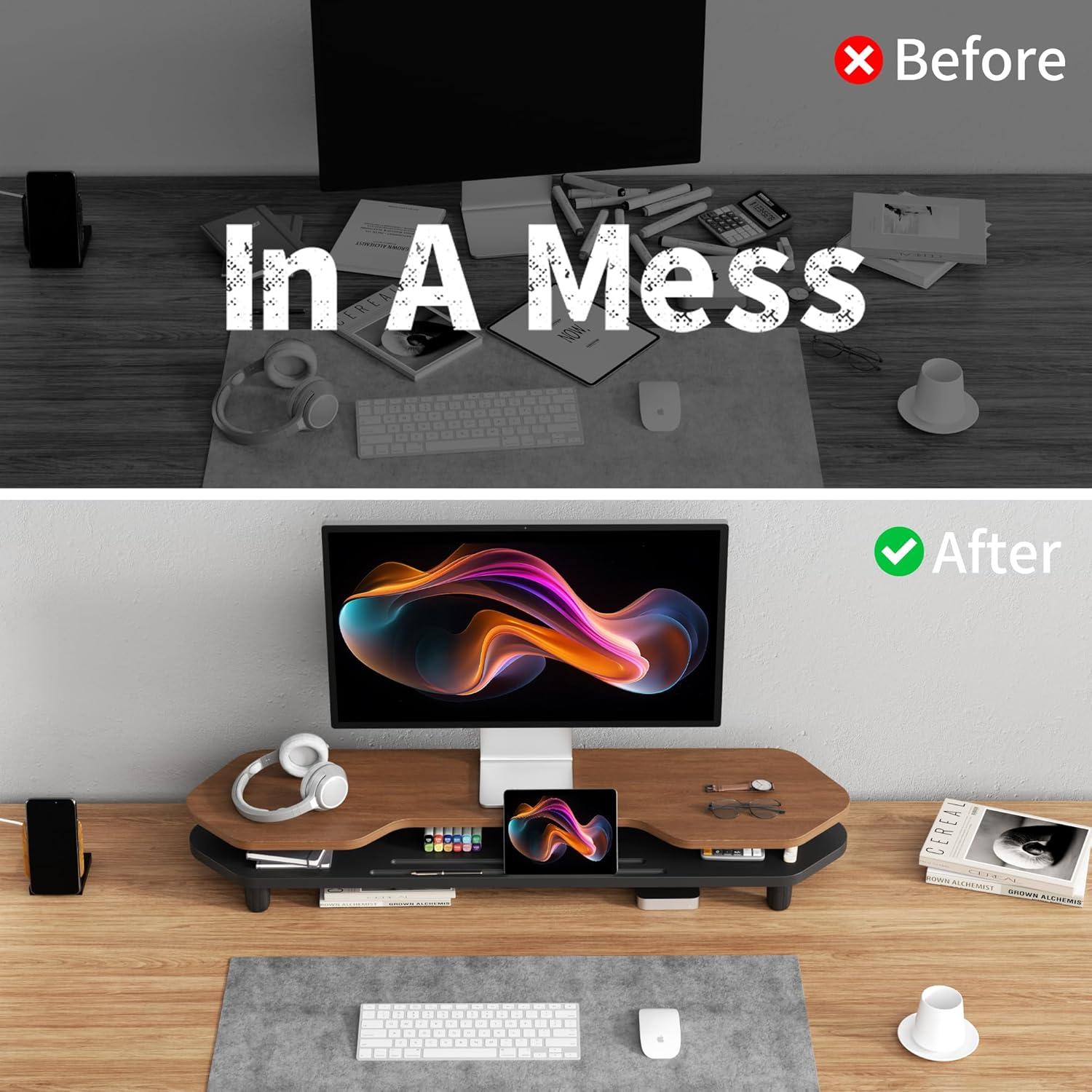 Soporte Elevador Doble para Monitor de Nogal 2 Niveles 260 mm