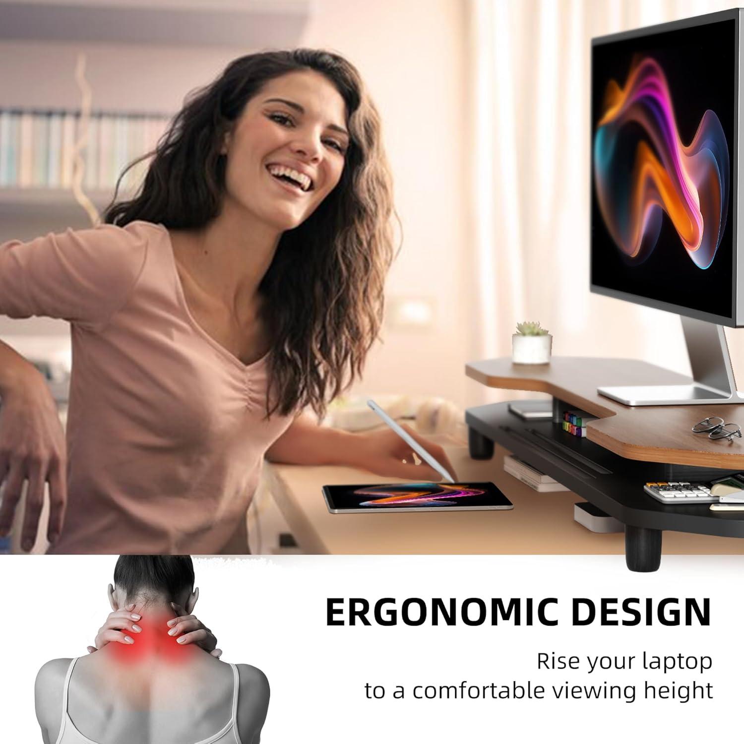 Soporte Elevador Doble para Monitor de Nogal 2 Niveles 260 mm