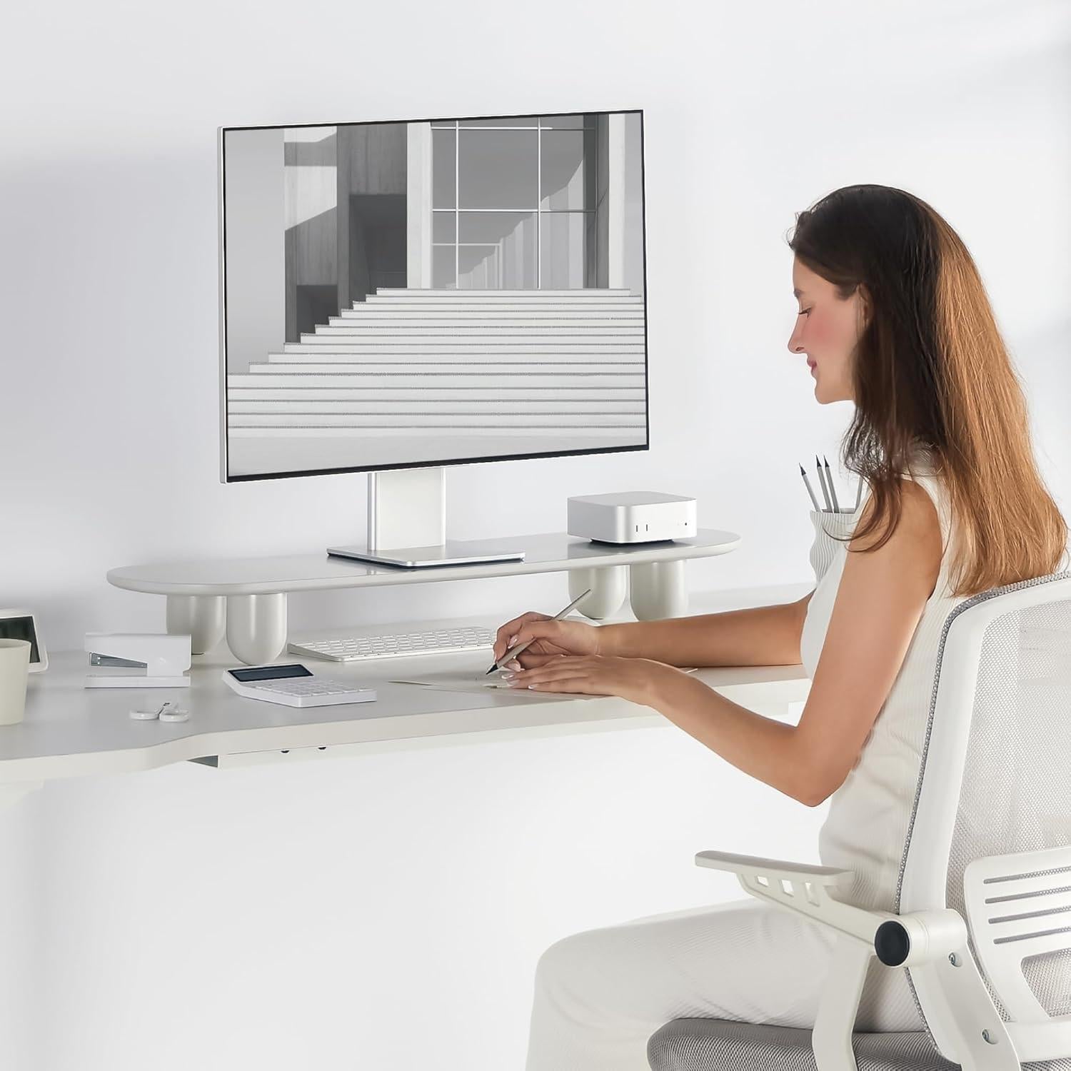 Soporte Doble para Monitor Fenge 34" Blanco con Estante