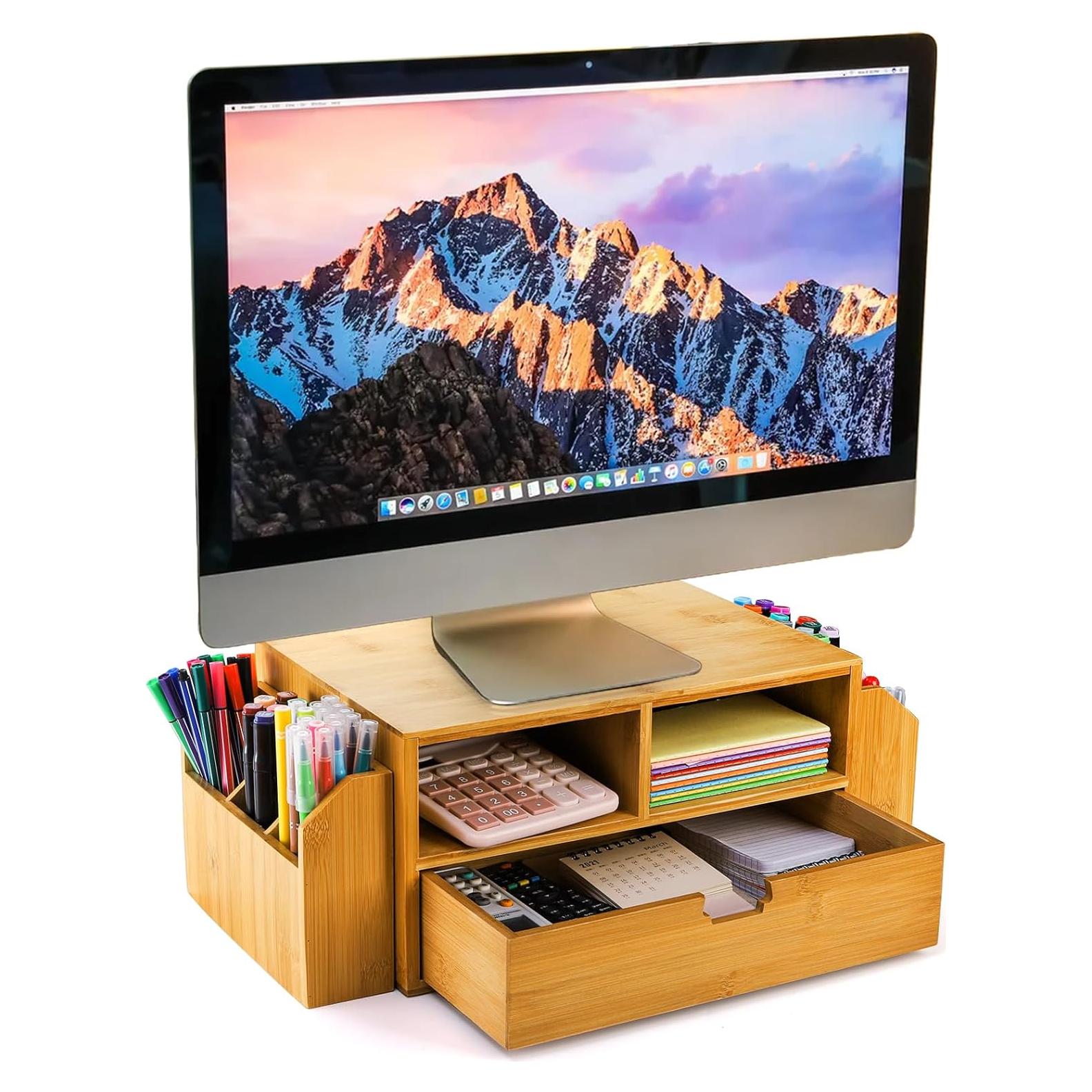Organizador de Escritorio de Bambú Hiceeden con Cajón y Sujetapapeles