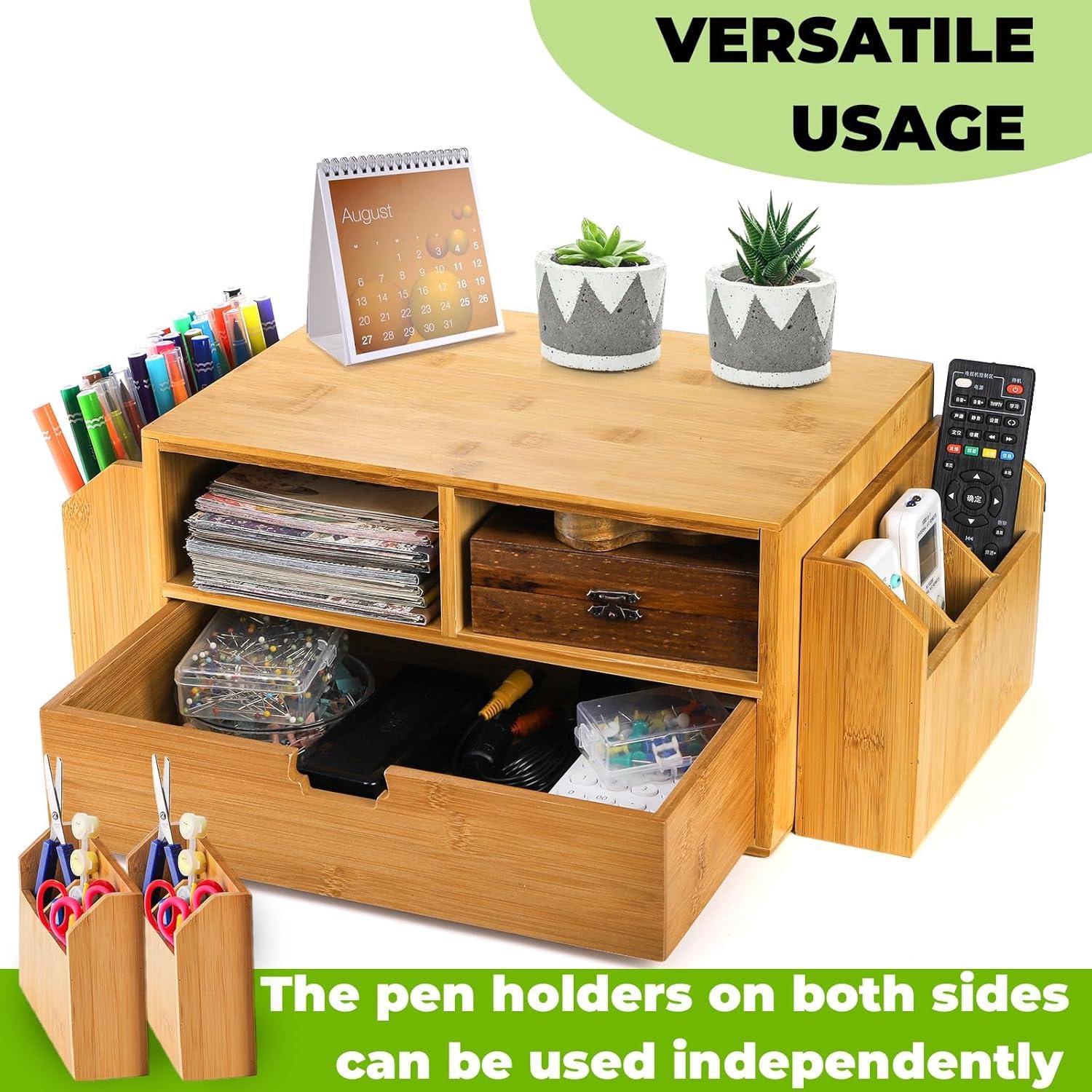 Organizador de Escritorio de Bambú Hiceeden con Cajón y Sujetapapeles