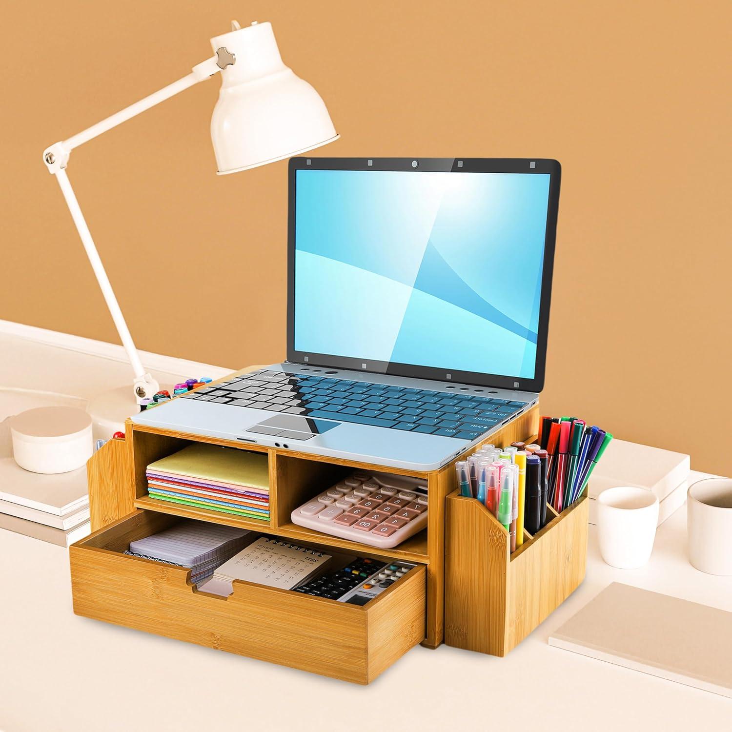 Organizador de Escritorio de Bambú Hiceeden con Cajón y Sujetapapeles