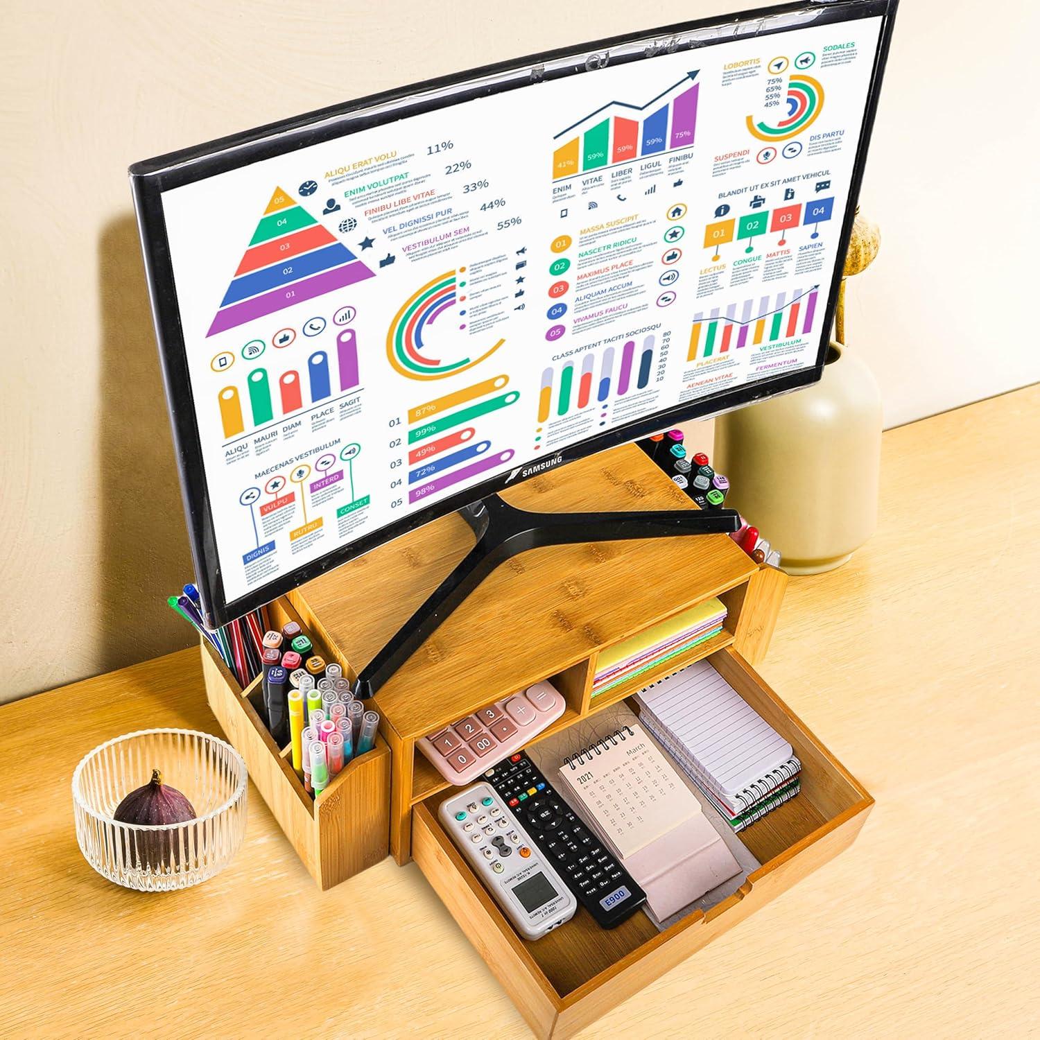 Organizador de Escritorio de Bambú Hiceeden con Cajón y Sujetapapeles