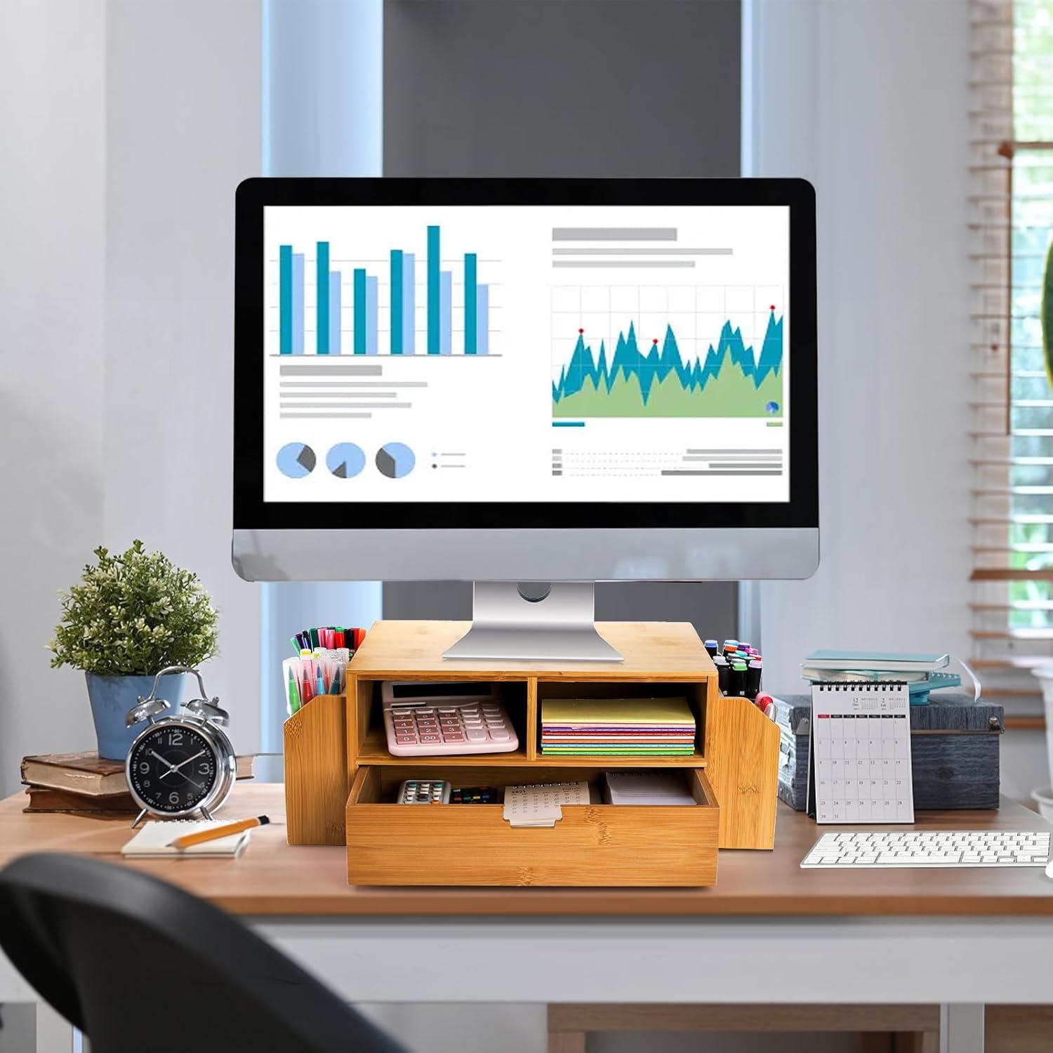 Organizador de Escritorio de Bambú Hiceeden con Cajón y Sujetapapeles