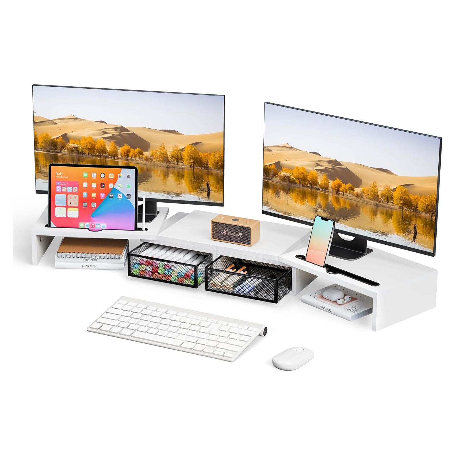 Soporte Elevador para Doble Monitor ZIFTY Blanco con Cajones