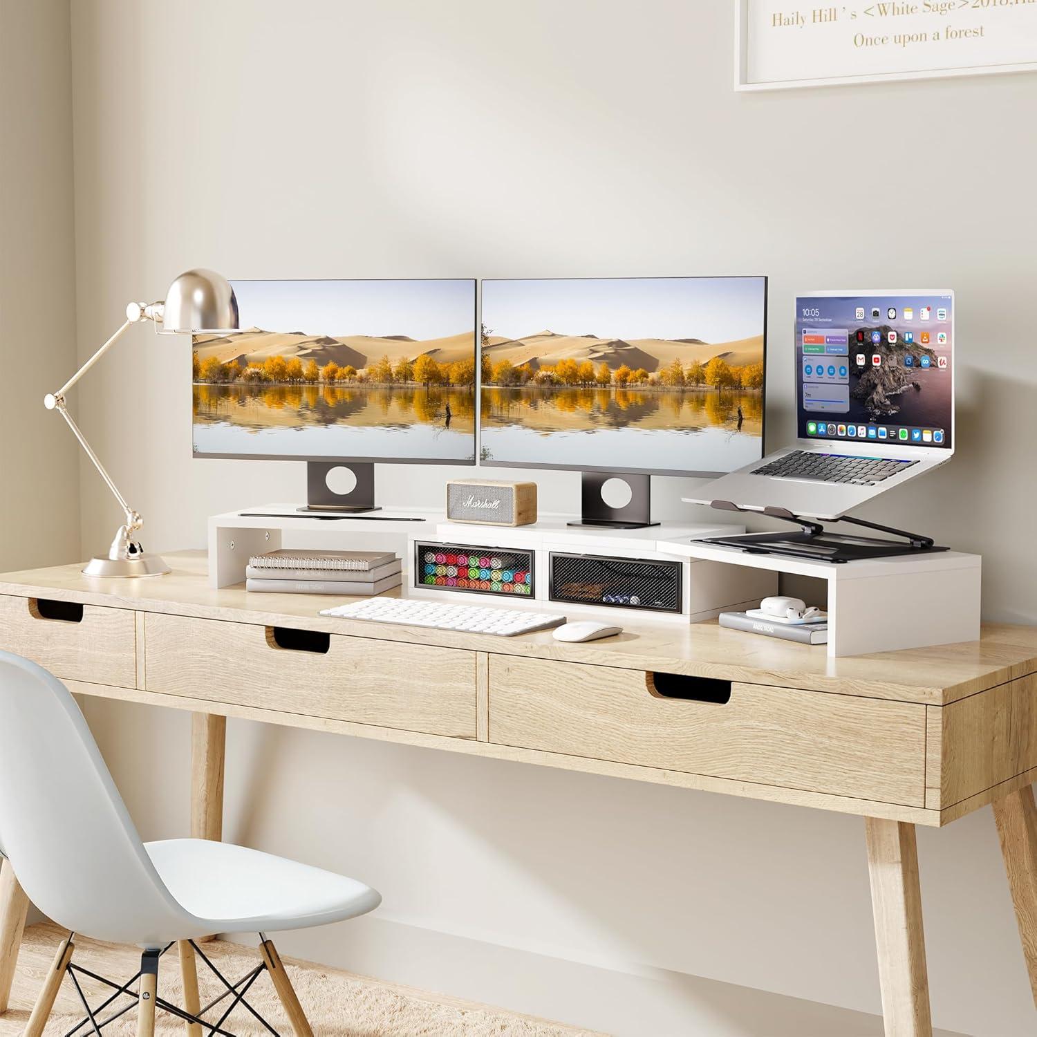 Soporte Elevador para Doble Monitor ZIFTY Blanco con Cajones