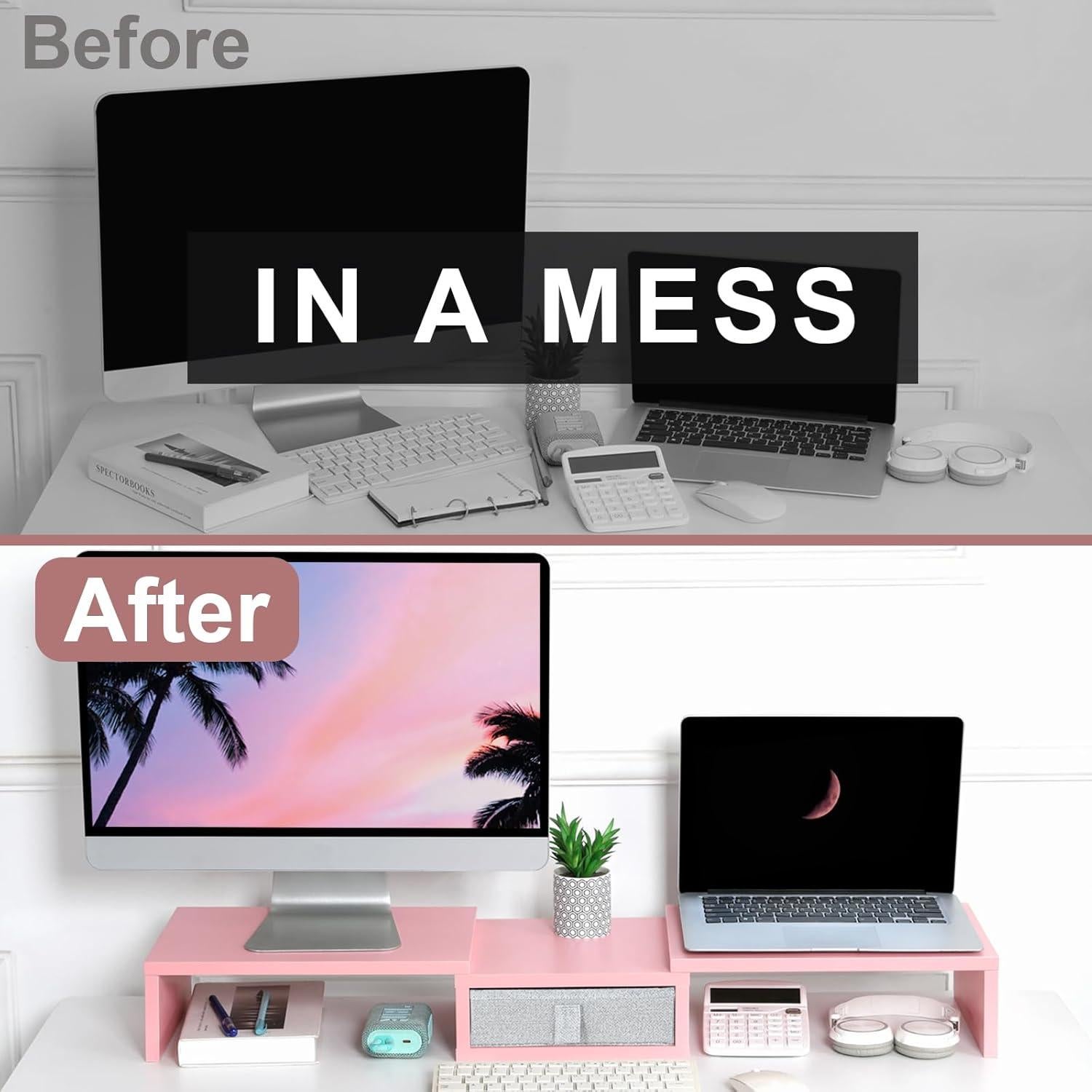 Soporte Elevador Doble para Monitor TEAMIX Rosa Ajustable 94 cm