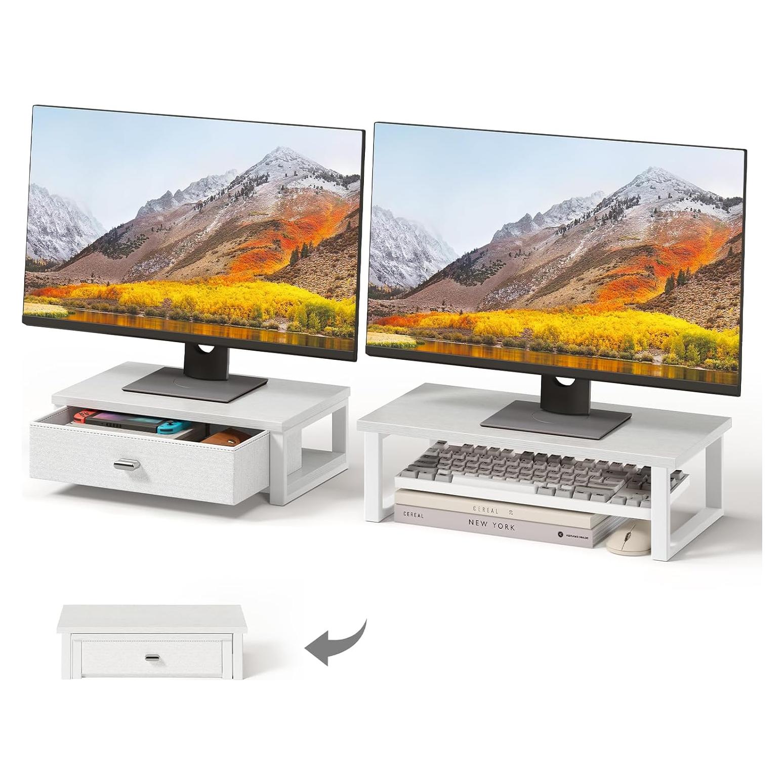 Soporte Doble Monitor WOHOMO Blanco con Cajón Organizador