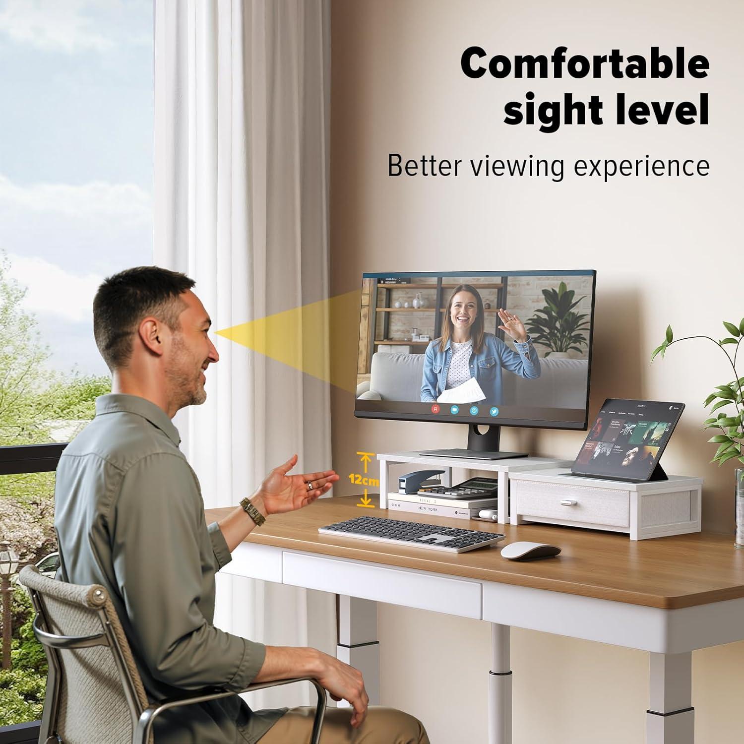 Soporte Doble Monitor WOHOMO Blanco con Cajón Organizador