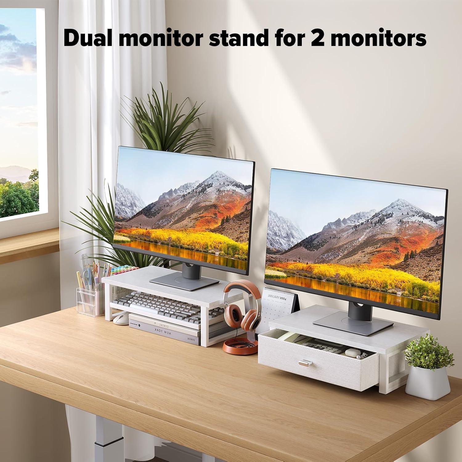 Soporte Doble Monitor WOHOMO Blanco con Cajón Organizador