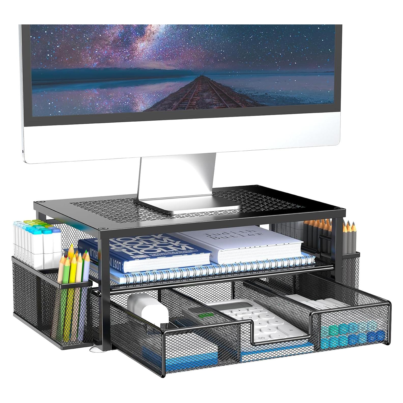 Soporte de Monitor Ergonomico MINDEPOT con Cajón y Sujetapapeles