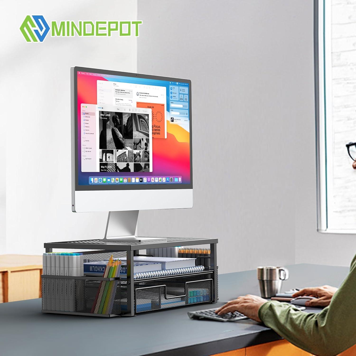 Soporte de Monitor Ergonomico MINDEPOT con Cajón y Sujetapapeles
