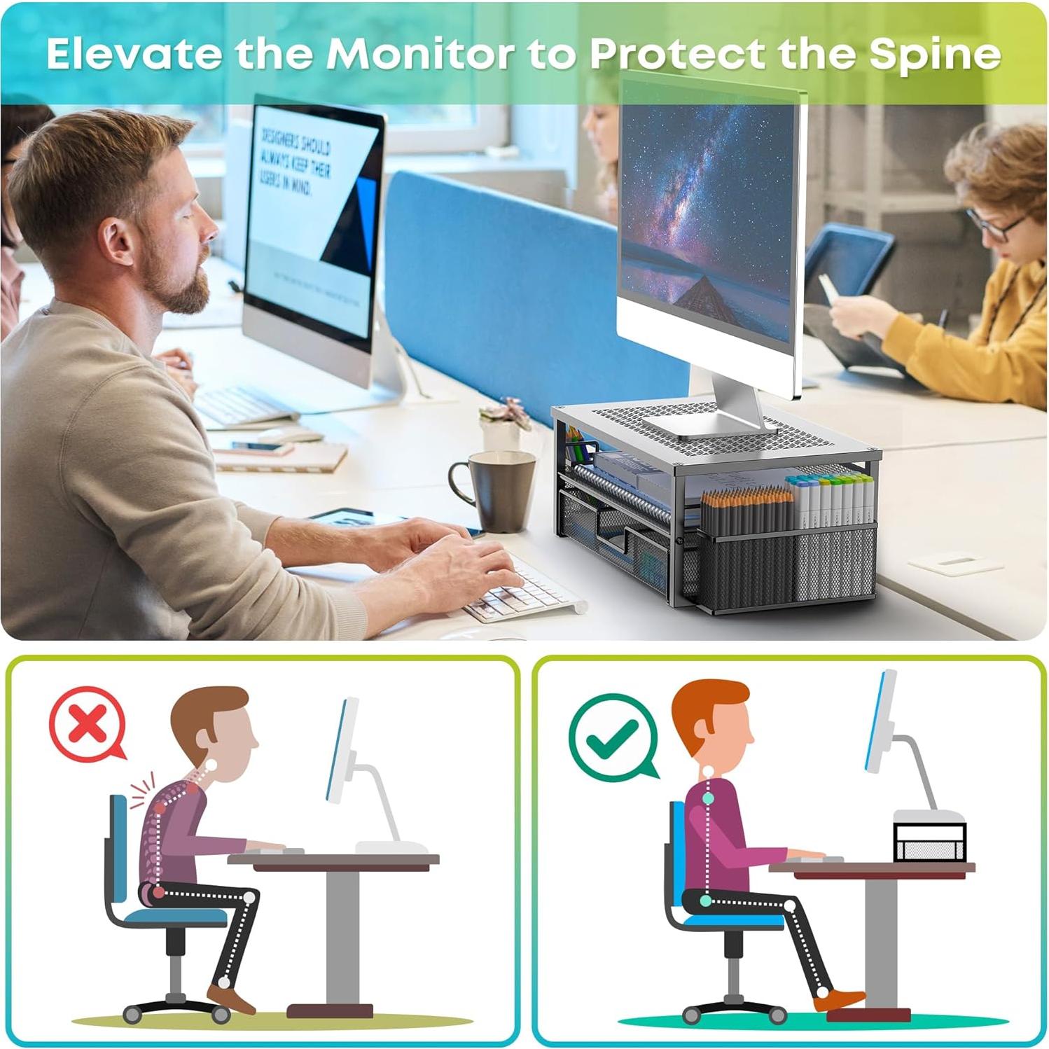 Soporte de Monitor Ergonomico MINDEPOT con Cajón y Sujetapapeles