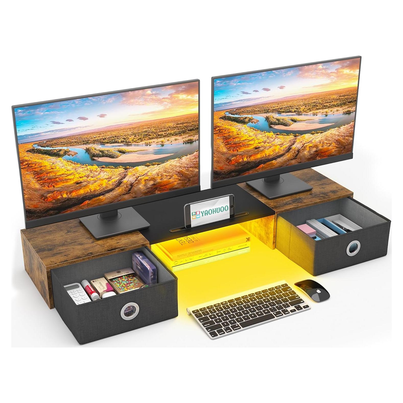 Soporte Doble para Monitor YAOHUOO con Luz LED y 2 Cajones