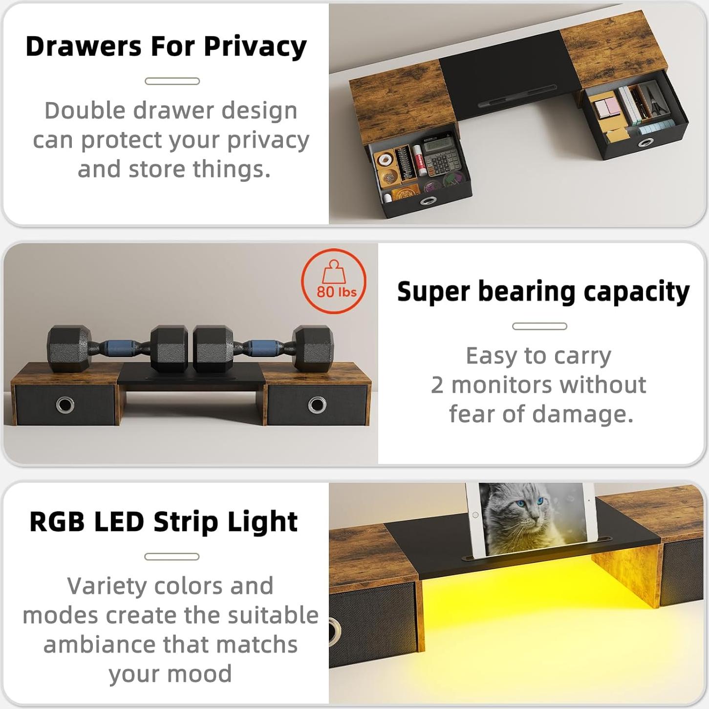 Soporte Doble para Monitor YAOHUOO con Luz LED y 2 Cajones