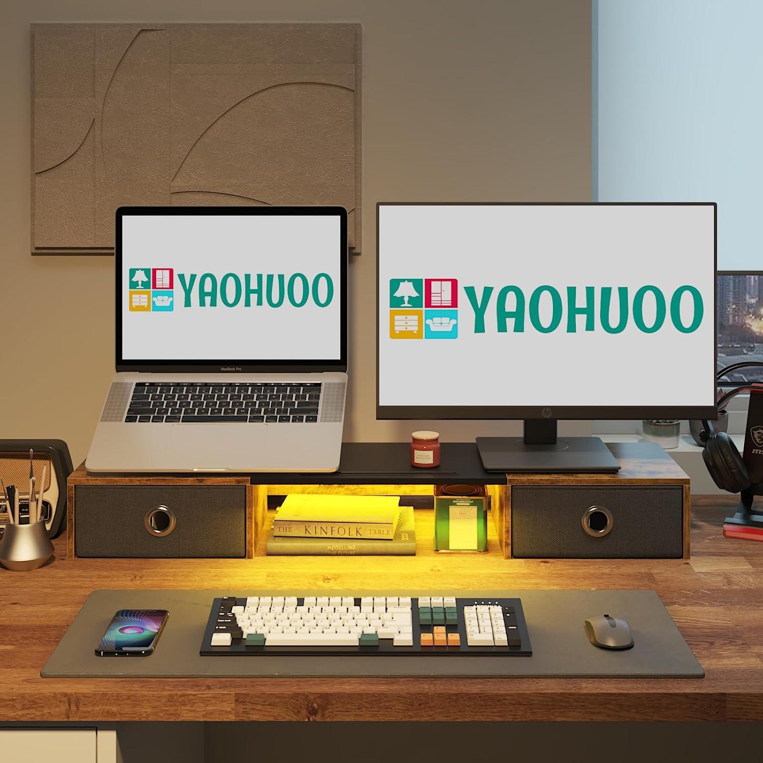 Soporte Doble para Monitor YAOHUOO con Luz LED y 2 Cajones