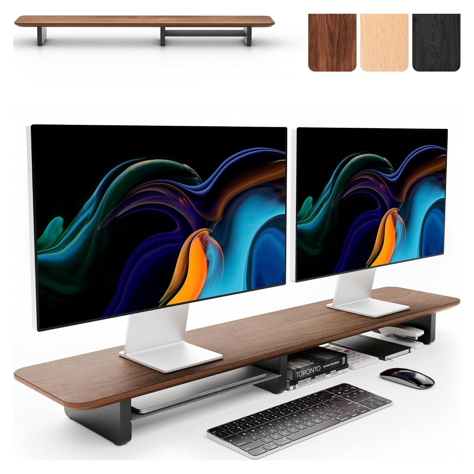 Soporte Doble para Monitor KIVY con Estante de Metal y Madera