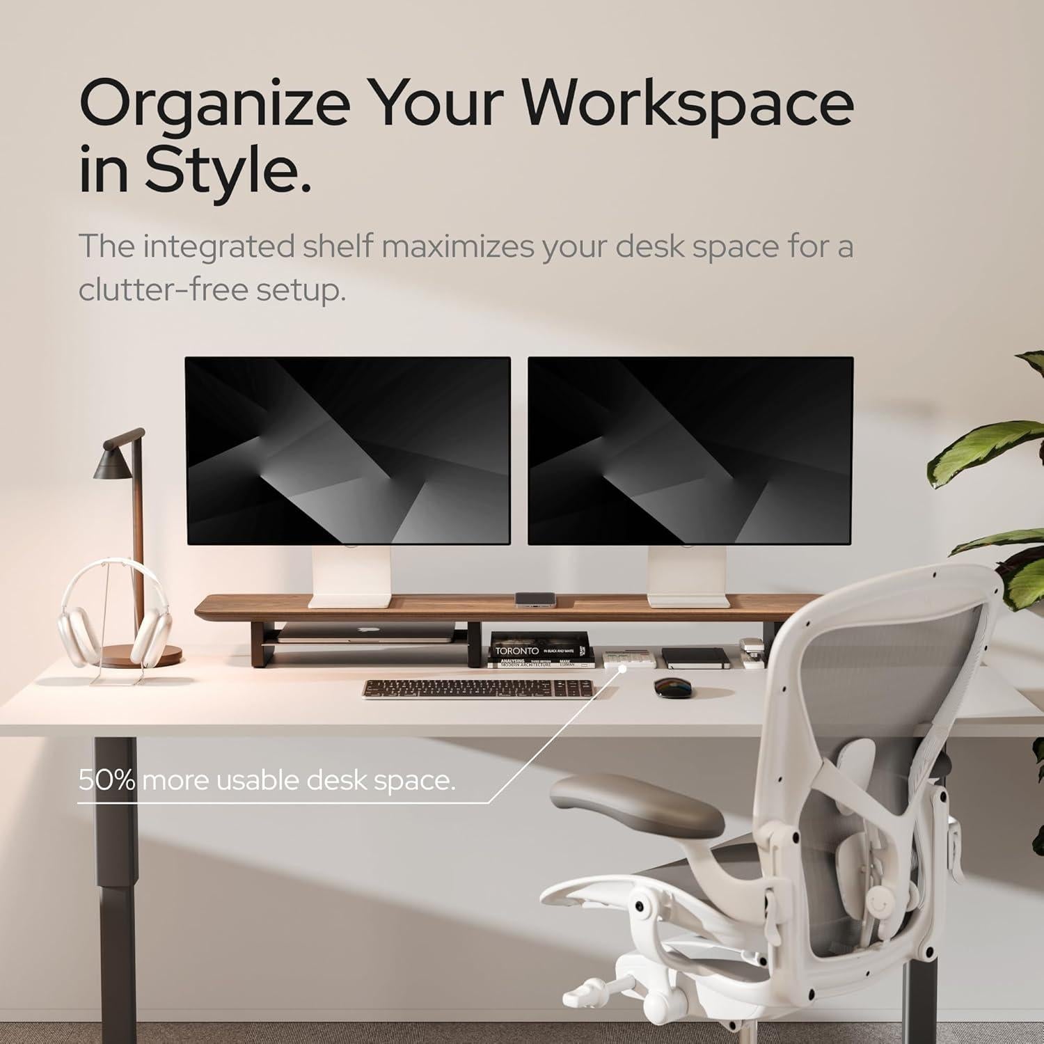 Soporte Doble para Monitor KIVY con Estante de Metal y Madera