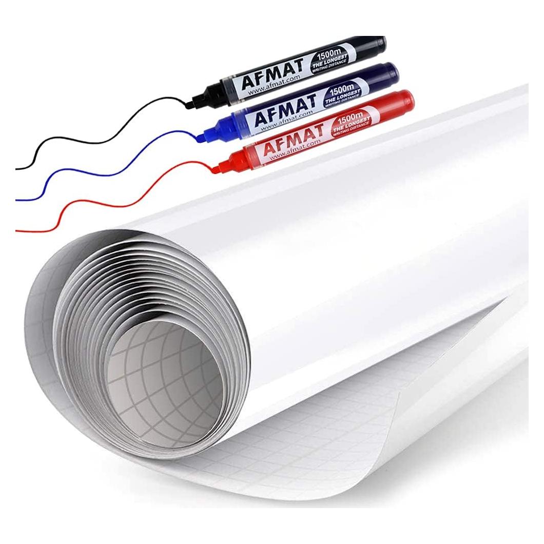 Papel de Pizarra Blanca Autoadhesivo AFMAT 3.35x0.46m con 3 Marcadores