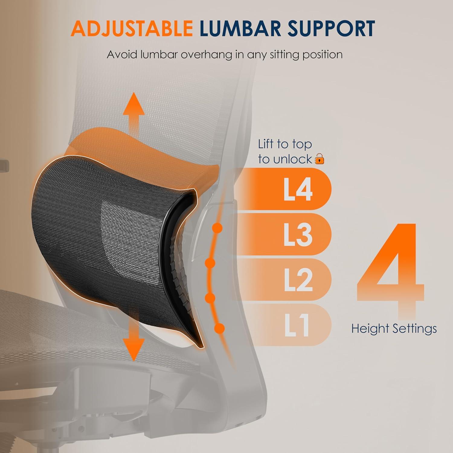 Silla de Oficina Ergonómica GABRYLLY 1070, Malla Negra, Soporte Lumbar Ajustable