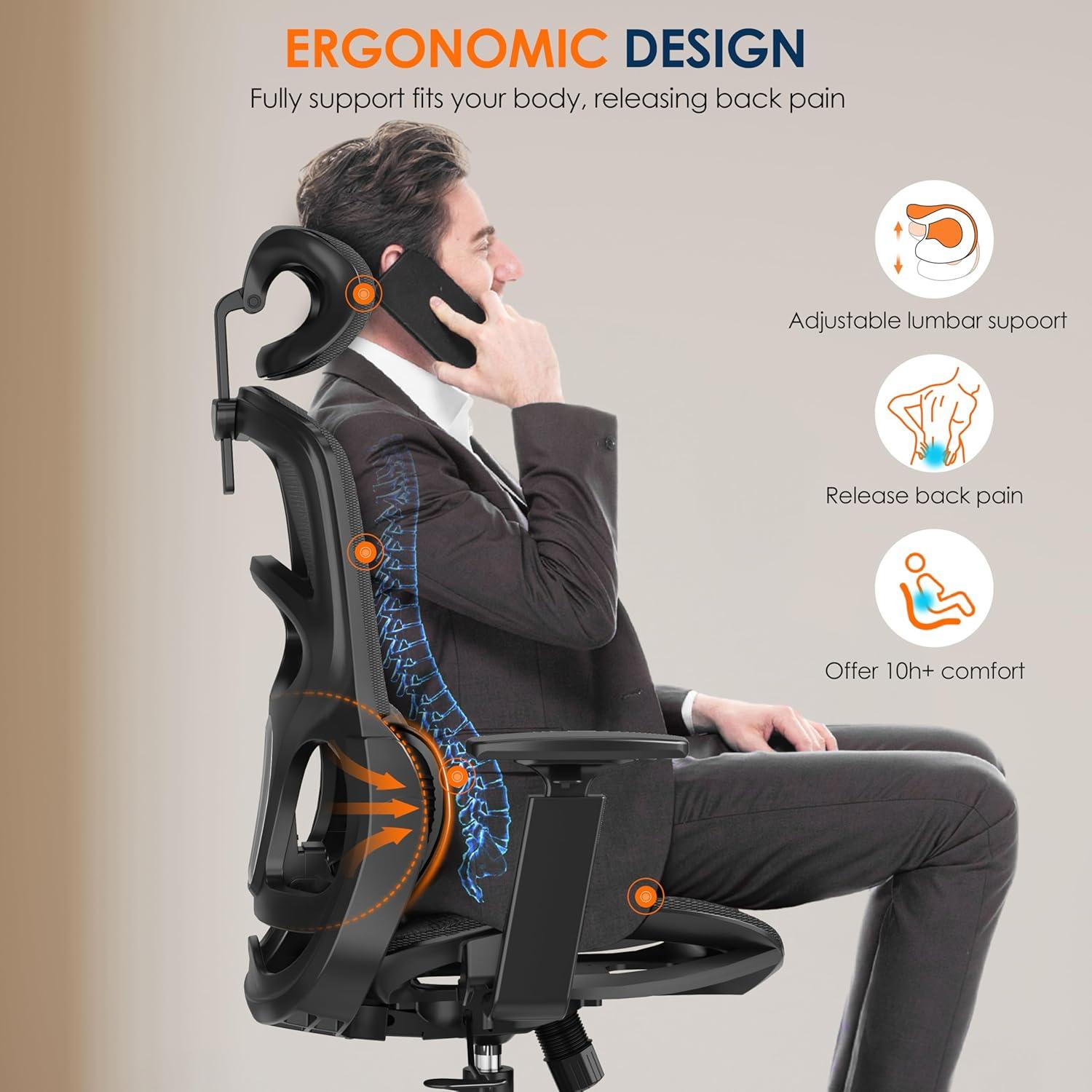 Silla de Oficina Ergonómica GABRYLLY 1070, Malla Negra, Soporte Lumbar Ajustable