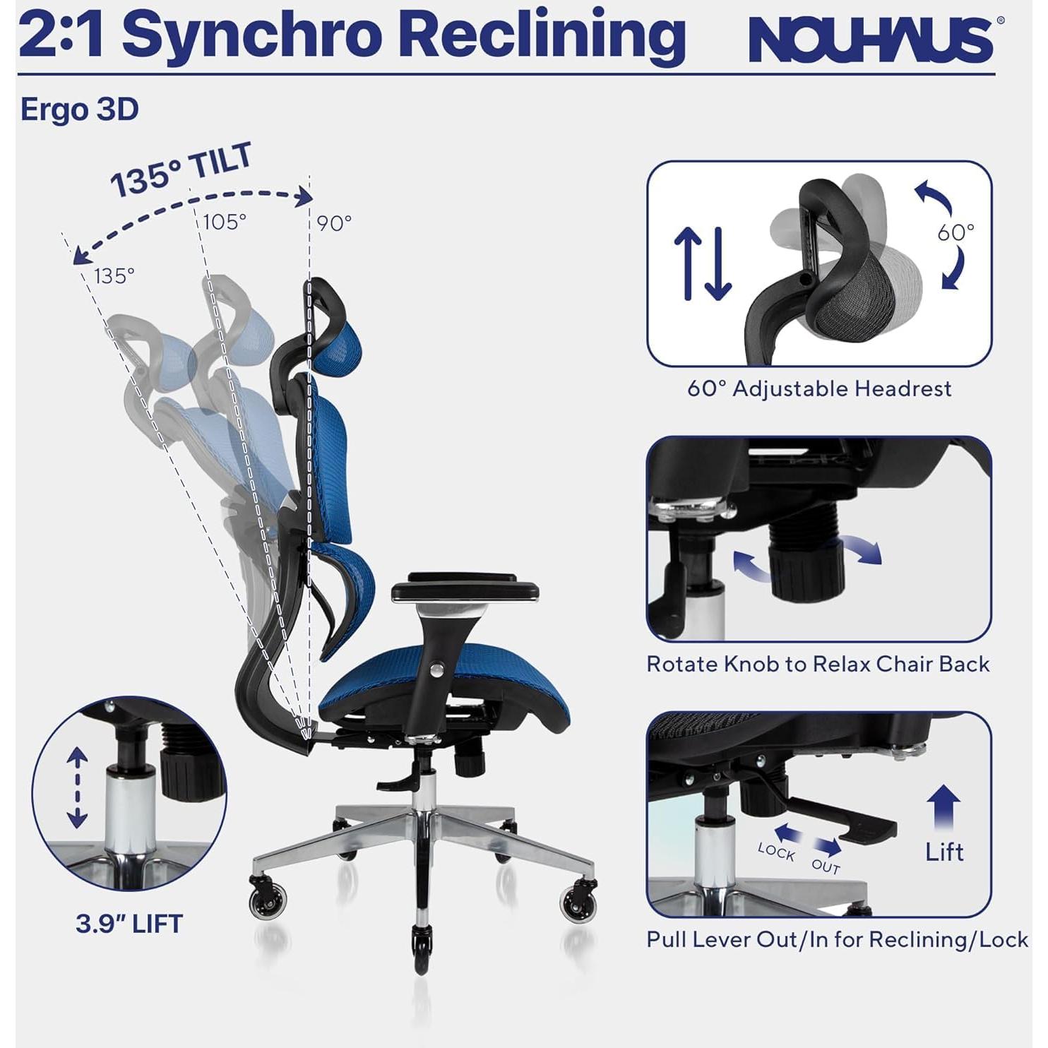 Silla de Oficina Ergonómica Nouhaus Ergo3D Azul con Soporte Lumbar