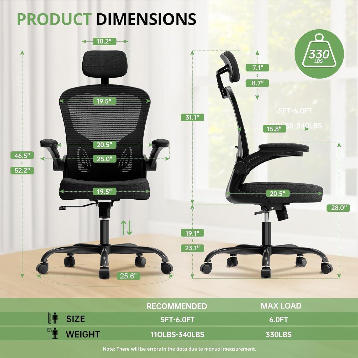Silla de Oficina Ergonómica Synorla Negra, Soporta 150KG