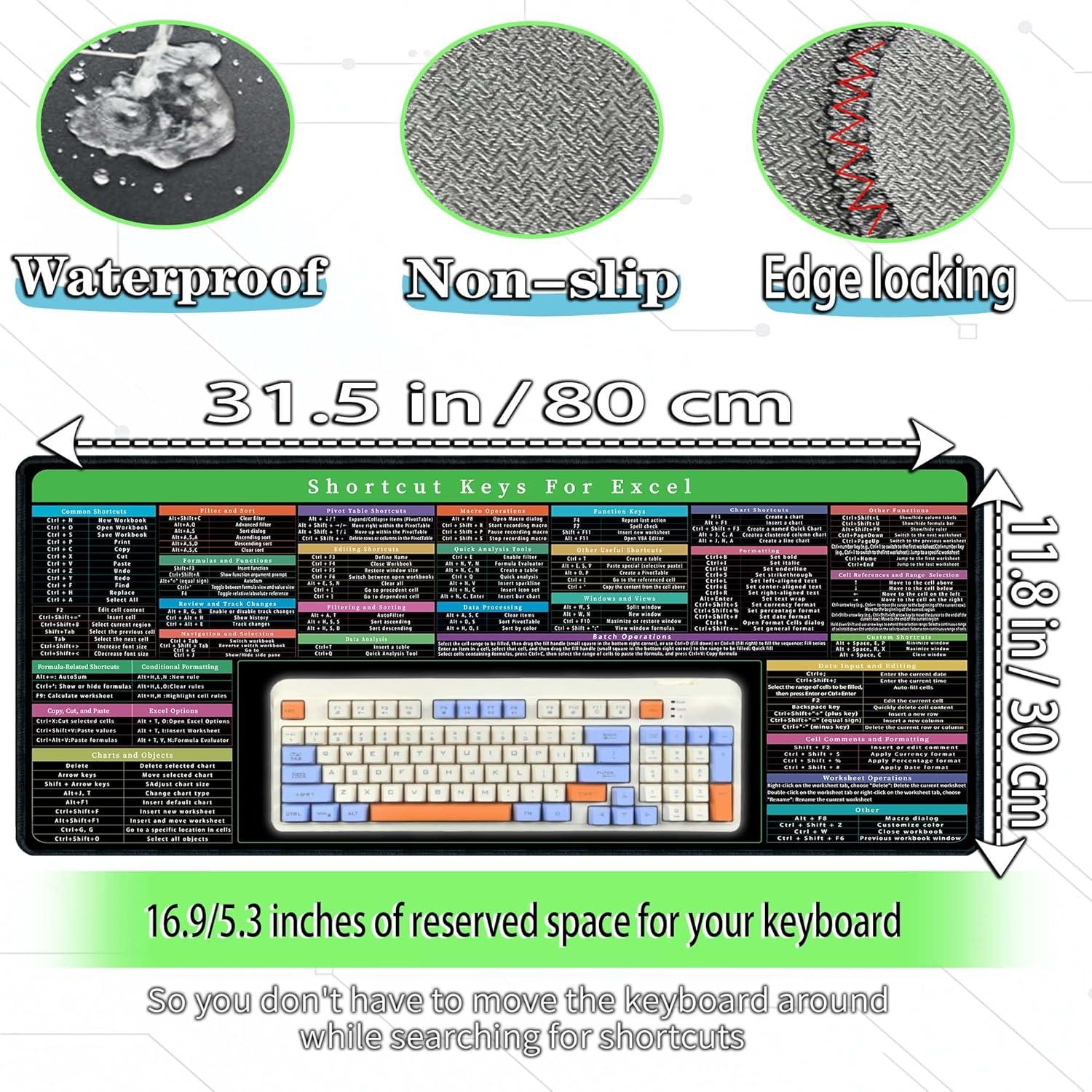 Mouse Pad de Excel Raryine 80x30cm - 150+ Atajos Antideslizante