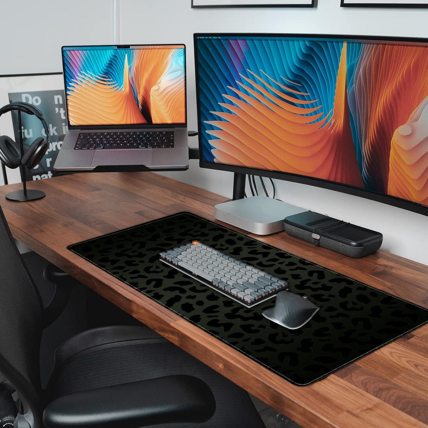 Alfombrilla de Ratón Grande Deokke Leopardo Negro 80x40 cm